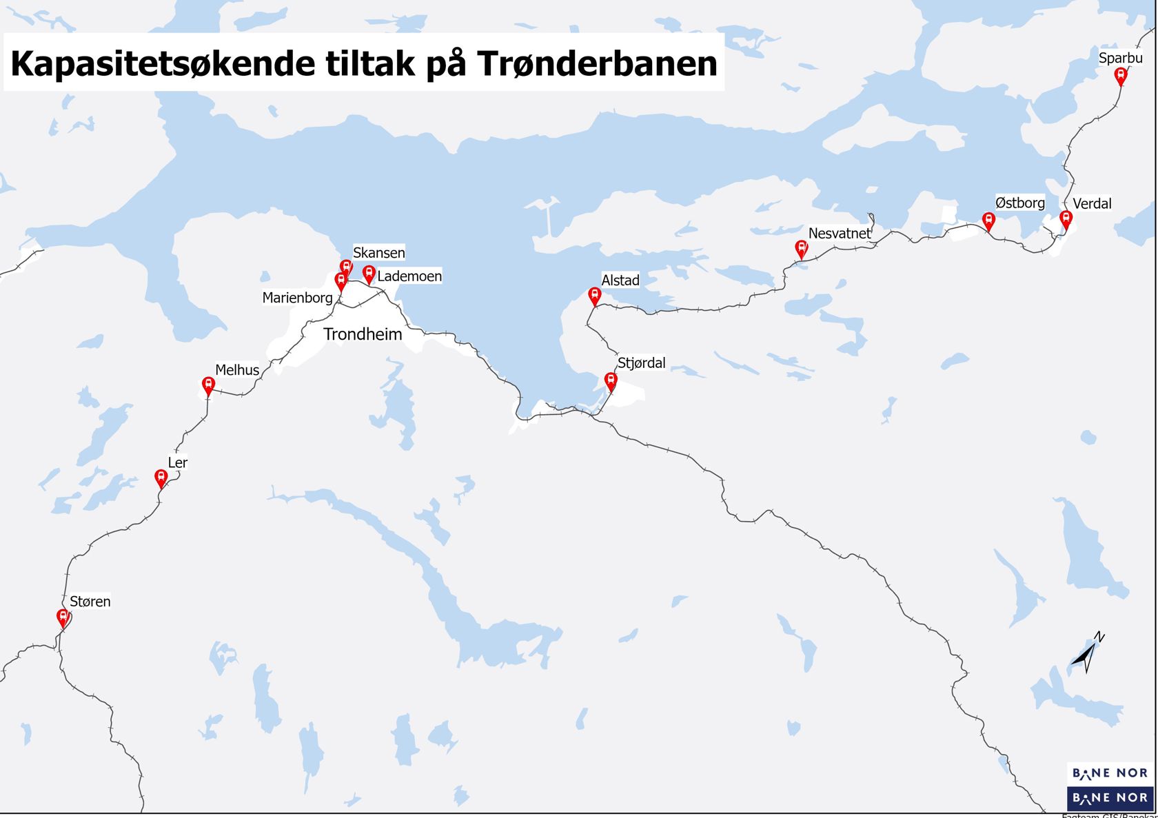 Kart med oversikt over tiltak som planlegges på Trønderbanen.