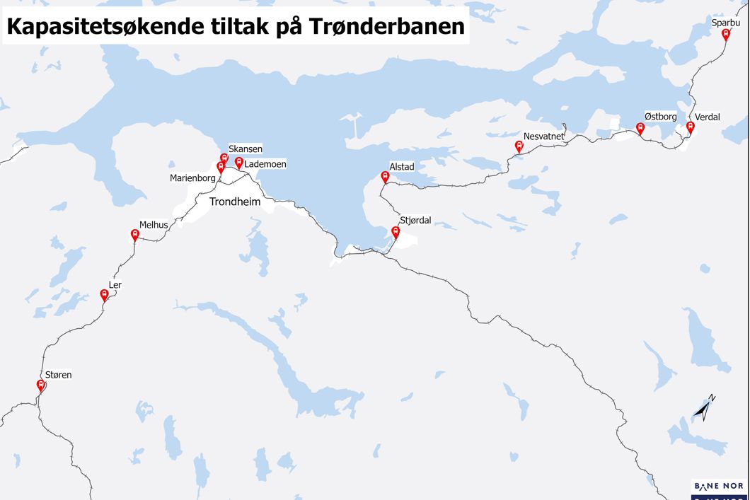 Kart med oversikt over tiltak som planlegges på Trønderbanen.