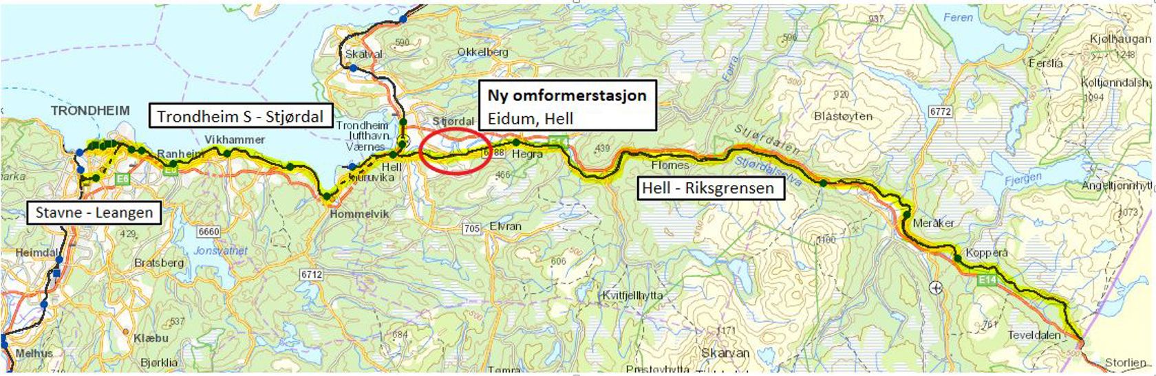 Bildet viser kart over strekningene som elektrifiseres