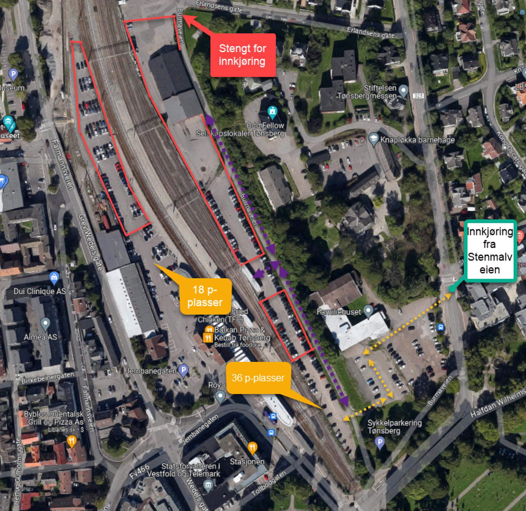 Oversiktskart med beskrivelser av parkeringsplasser og omkjøring