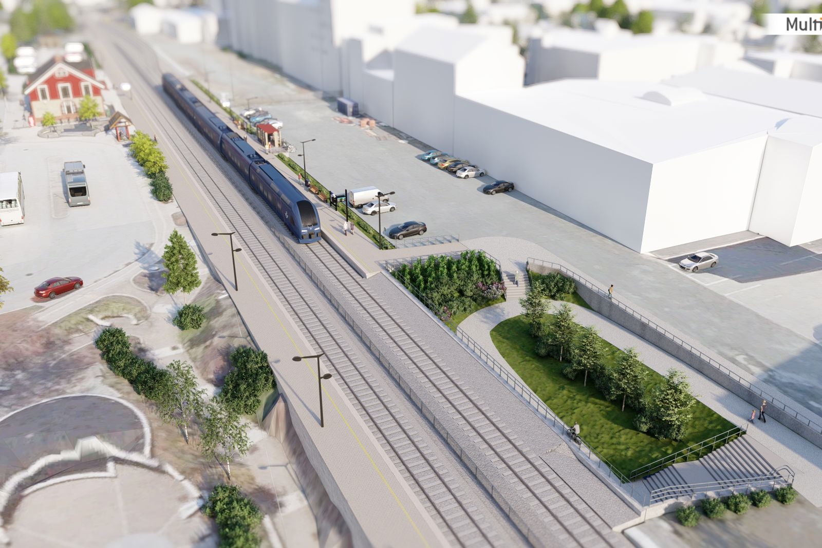 3D illustrasjon med oversikt over av ferdig utbygget Verdal stasjon