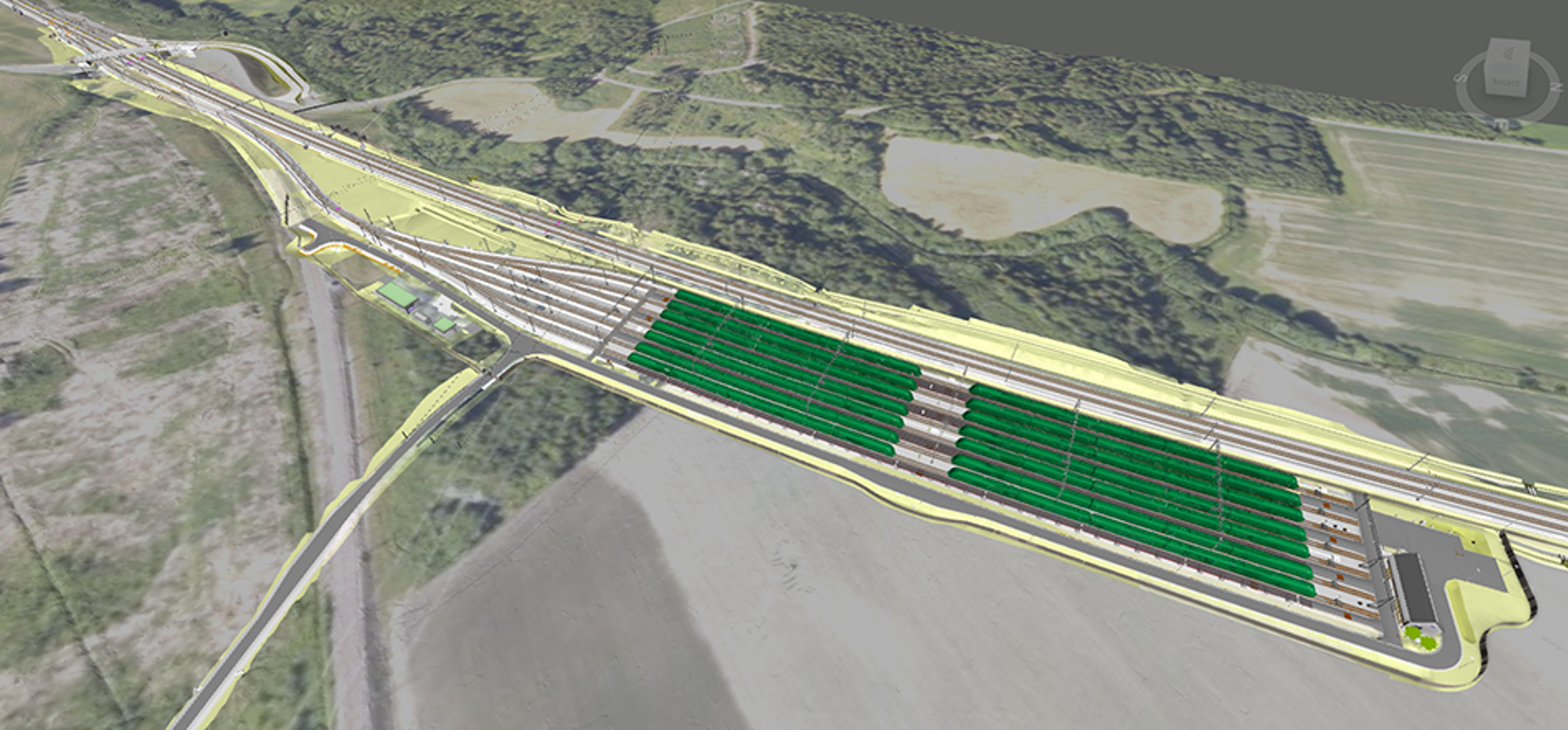 Modellbilde av togparkeringsannlegg, skog og landbruk 