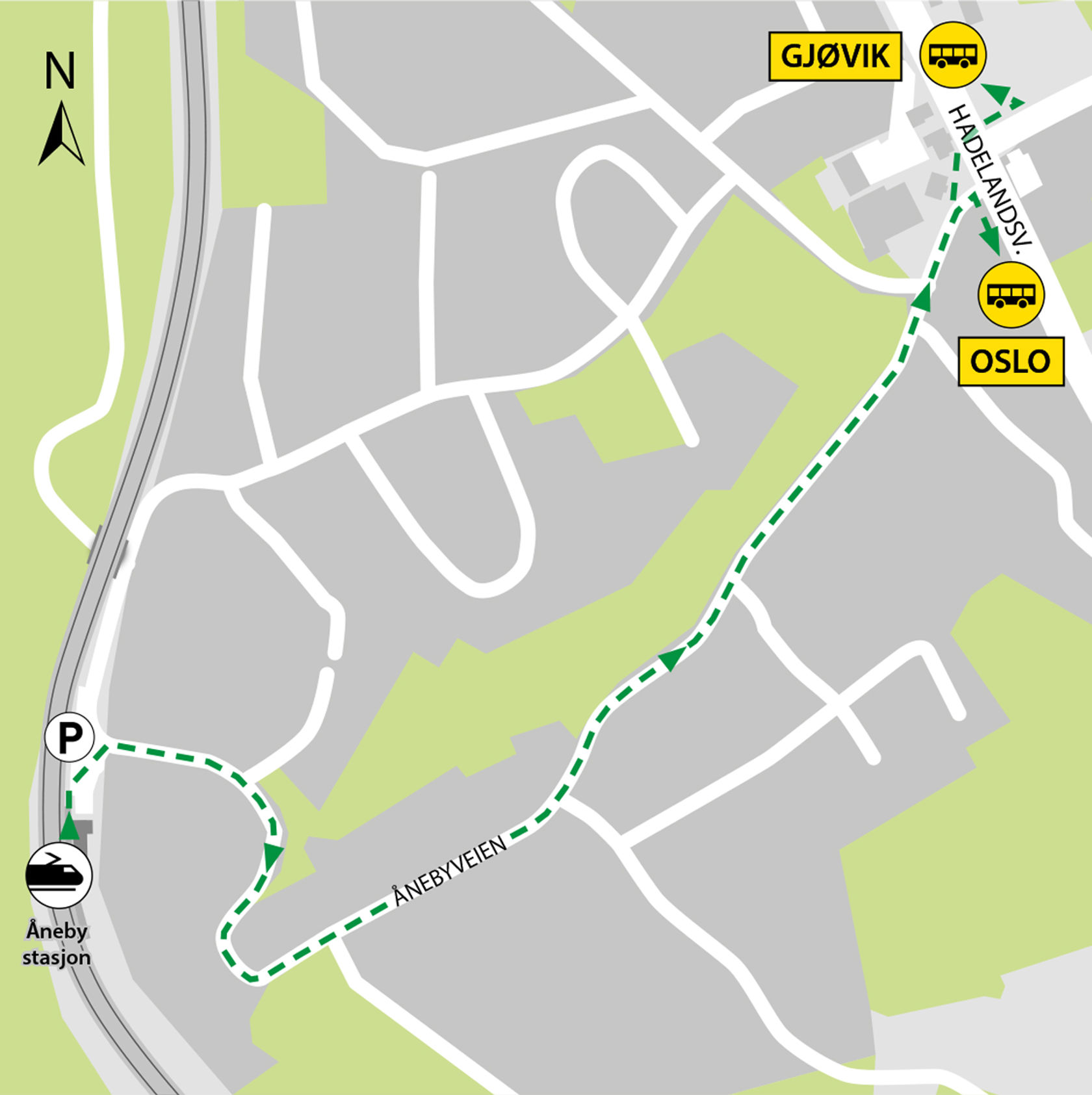 Map shows rail replacement service departs from bus stop Åneby located in Hadelandsveien, RV4.
