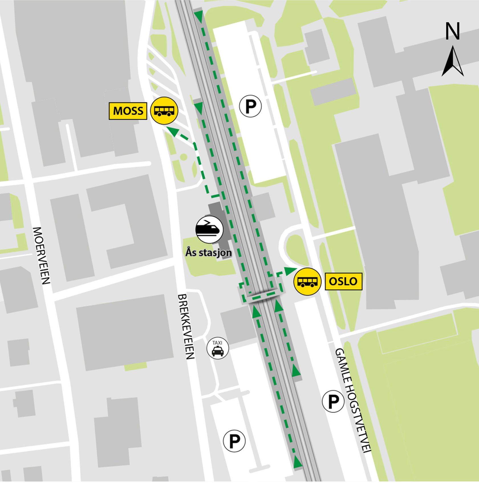 Map shows rail replacement service departs from bus stops Ås station.