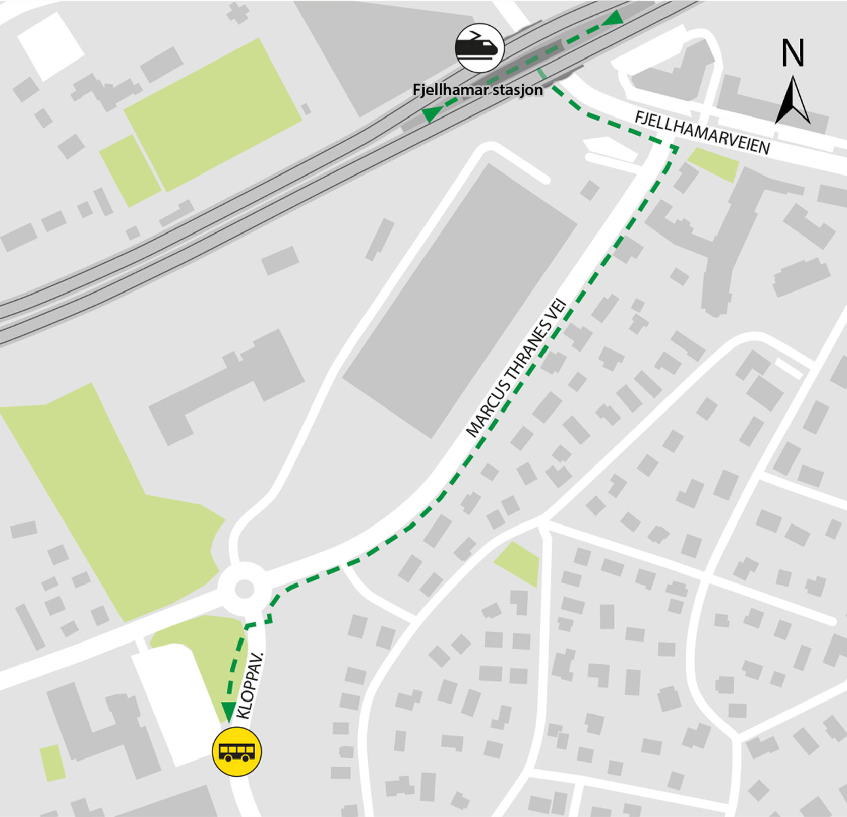 Rail replacement service departs from bus stop Fjellsrud skole located in Kloppaveien.