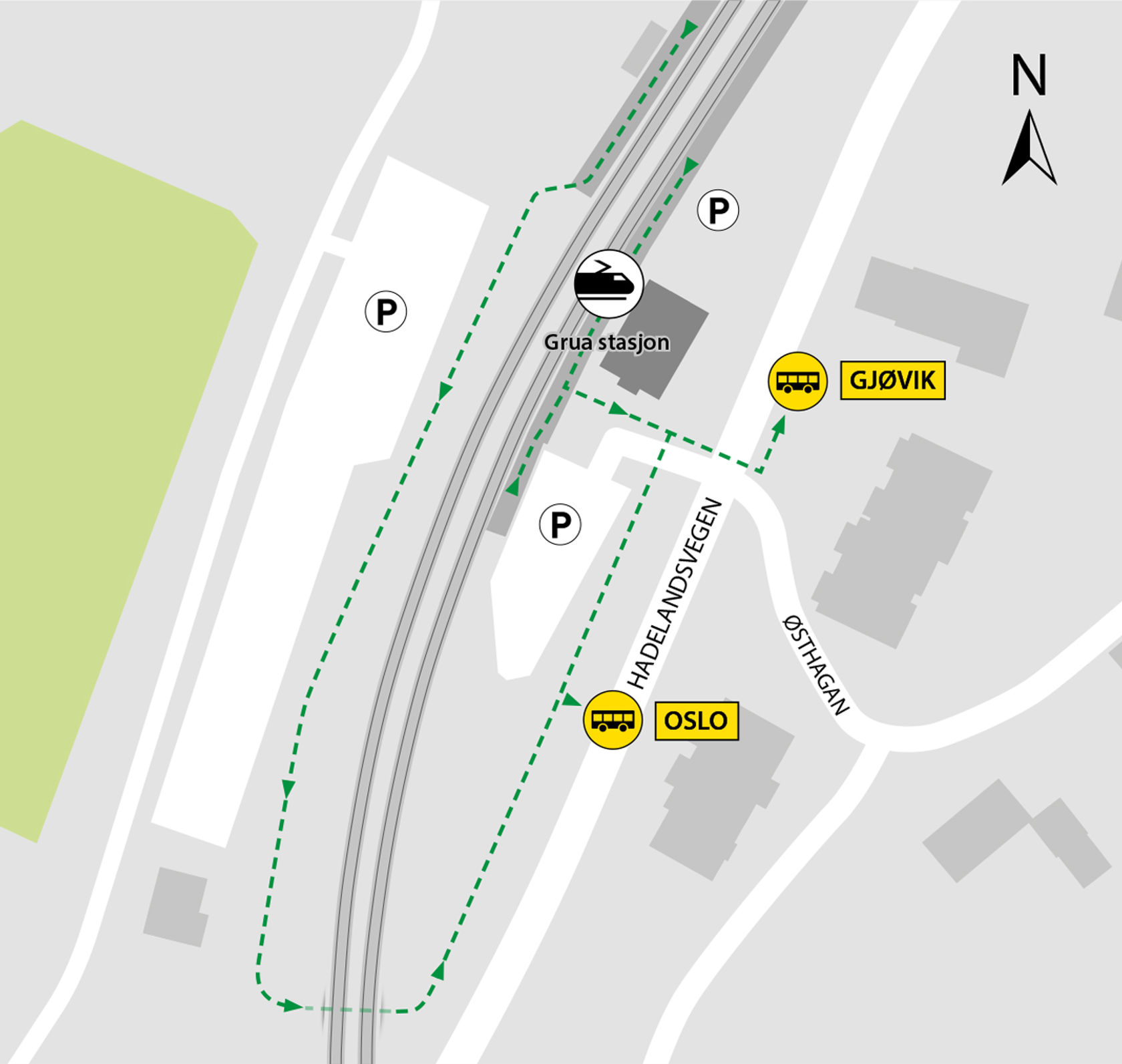 Kartet viser at bussene kjører fra bussholdeplassen Grua stasjon. 