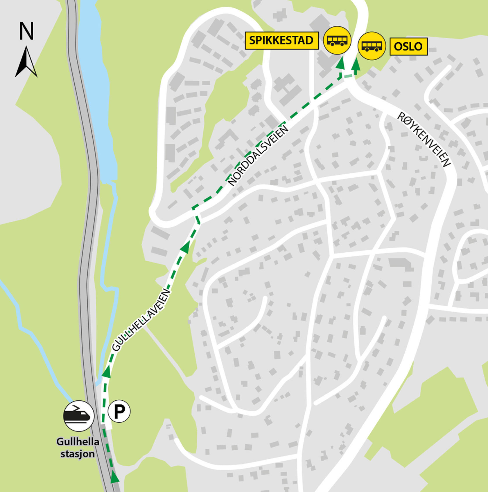 Kartet viser at bussene kjører fra Gullhella sykehjem som ligger i Røykenveien, ca 1 km gangavstand