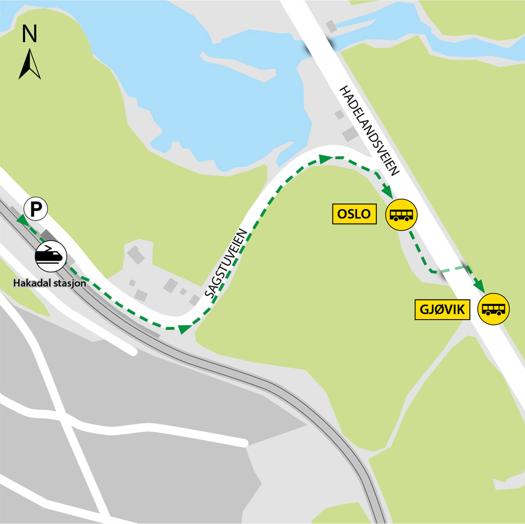 Map shows rail replacement service departs from bus stop Sagstua located in Hadelandsveien