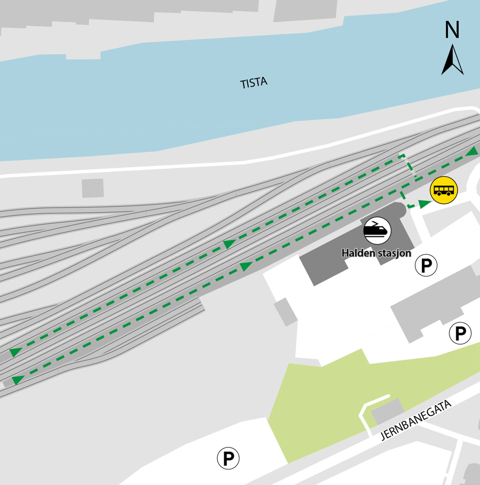 Maps shows rail replacement service departs from bus stop Halden station.