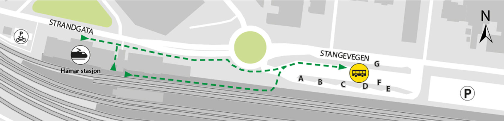 Kartet viser at bussene kjører fra bussholdeplassen på Hamar skysstasjon, mellom plattform F og G. 