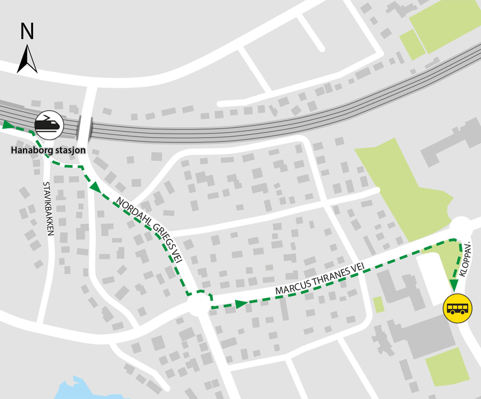 Maps shows rail replacement service departs from bus stop Fjellsrud skole located in Kloppaveien.