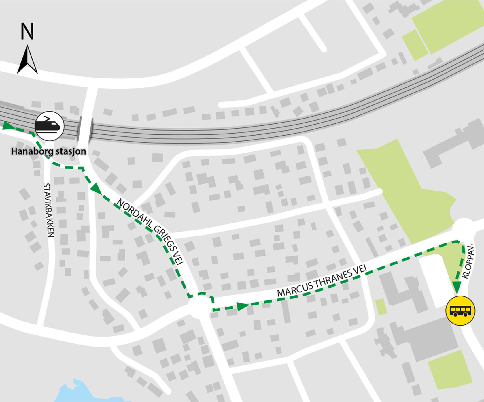 Kart viser at bussene kjører fra bussholdeplassen Fjellsrud skole som ligger i Kloppaveien.