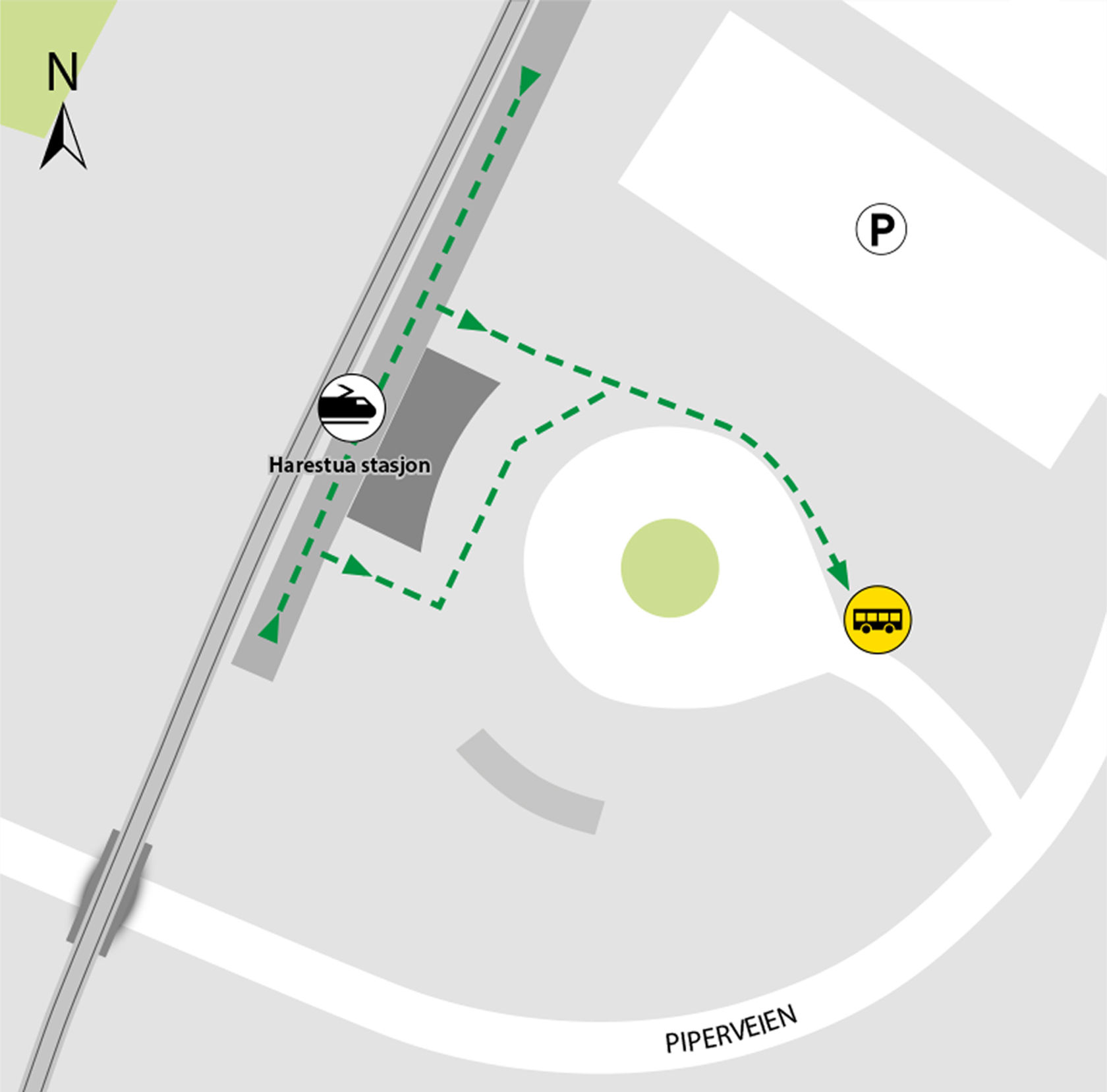 Map shows rail replacement service departs from bus stop Harestua station.