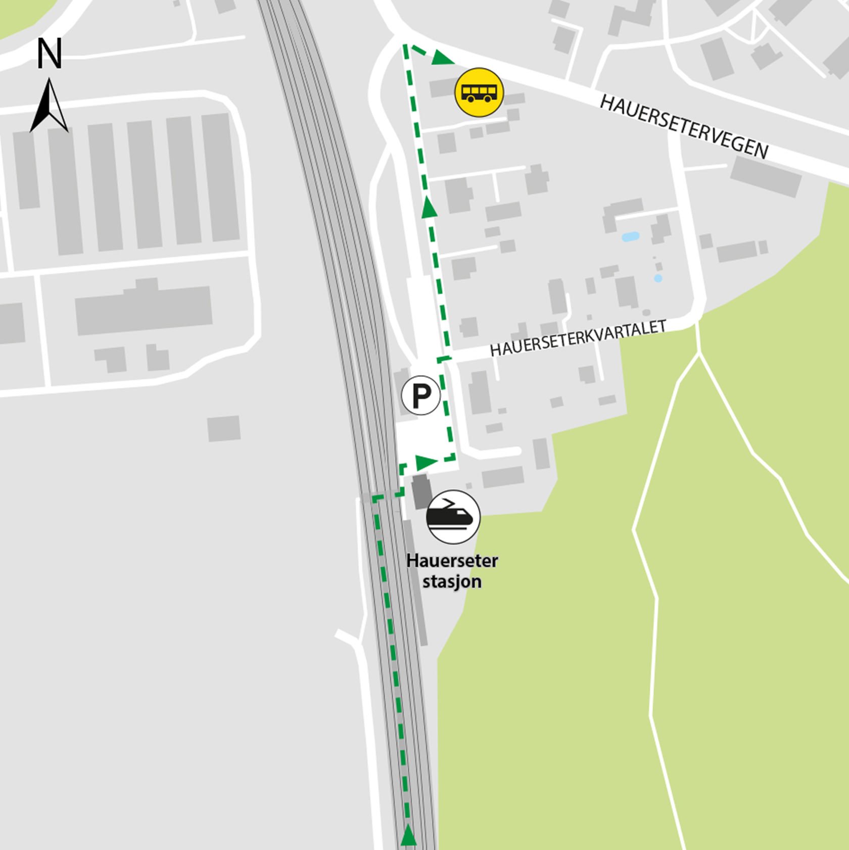 Map shows rail replacement service departs from bus stop Hauerseter station in Hauerseterveien.