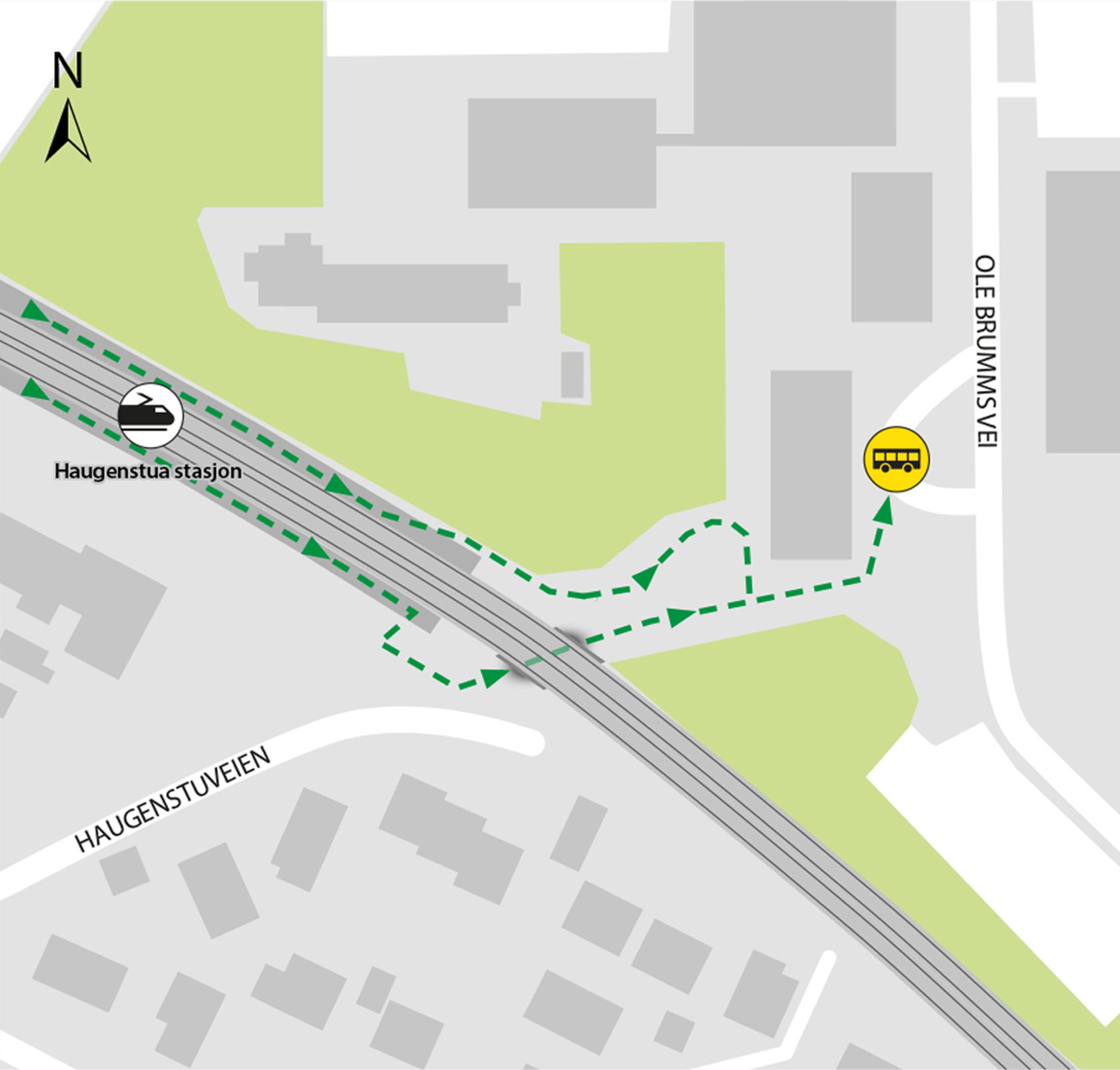 Map shows rail replacement service departs from bus stop at Haugenstua station.