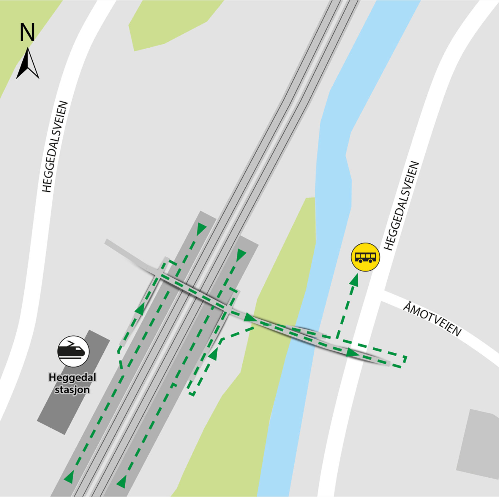 Map shows rail replacement service departs from bus stop Heggedal station located in Heggedalsveien.