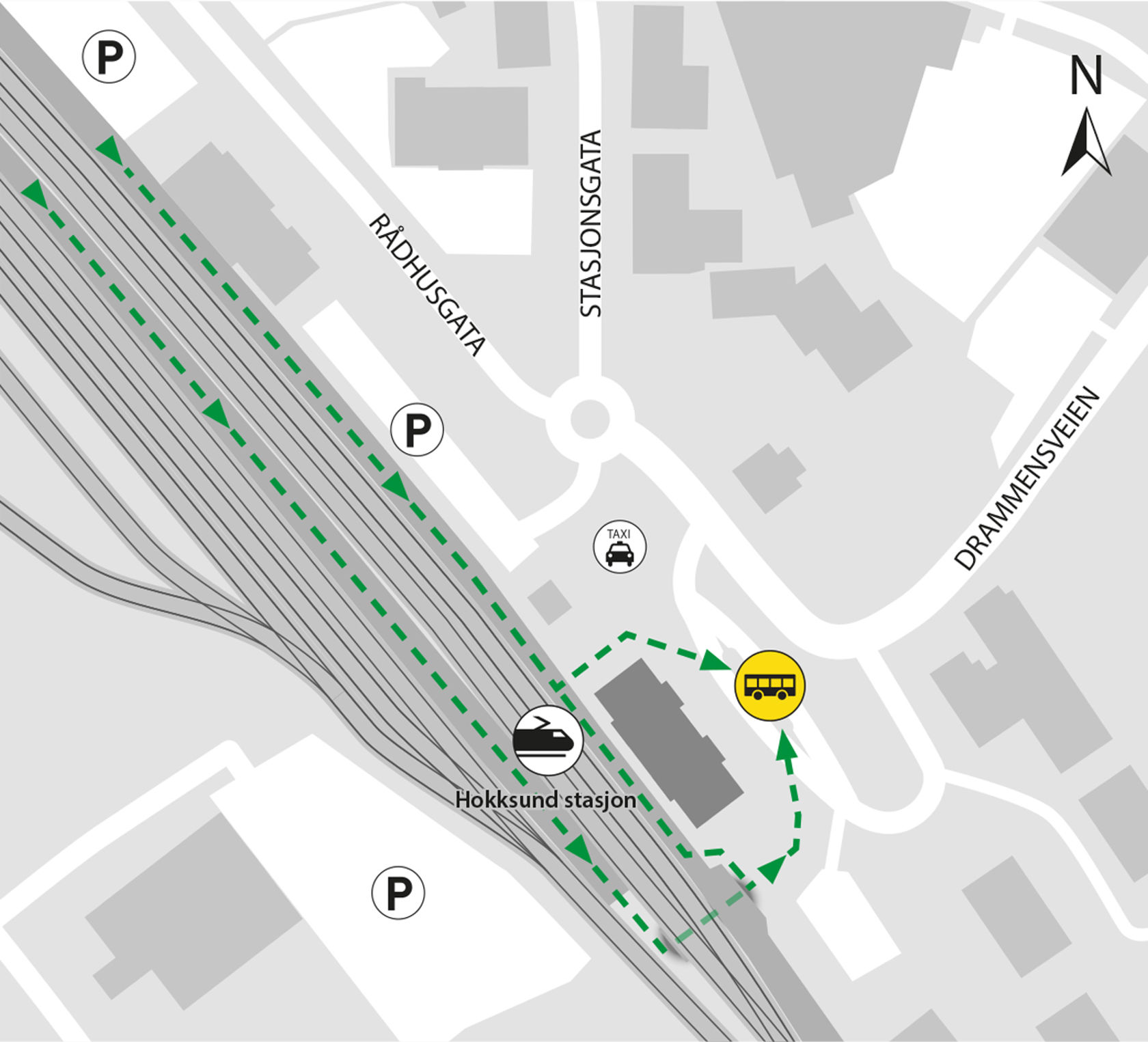 Map shows rail replacement service departs from bus stop at Hokksund station.