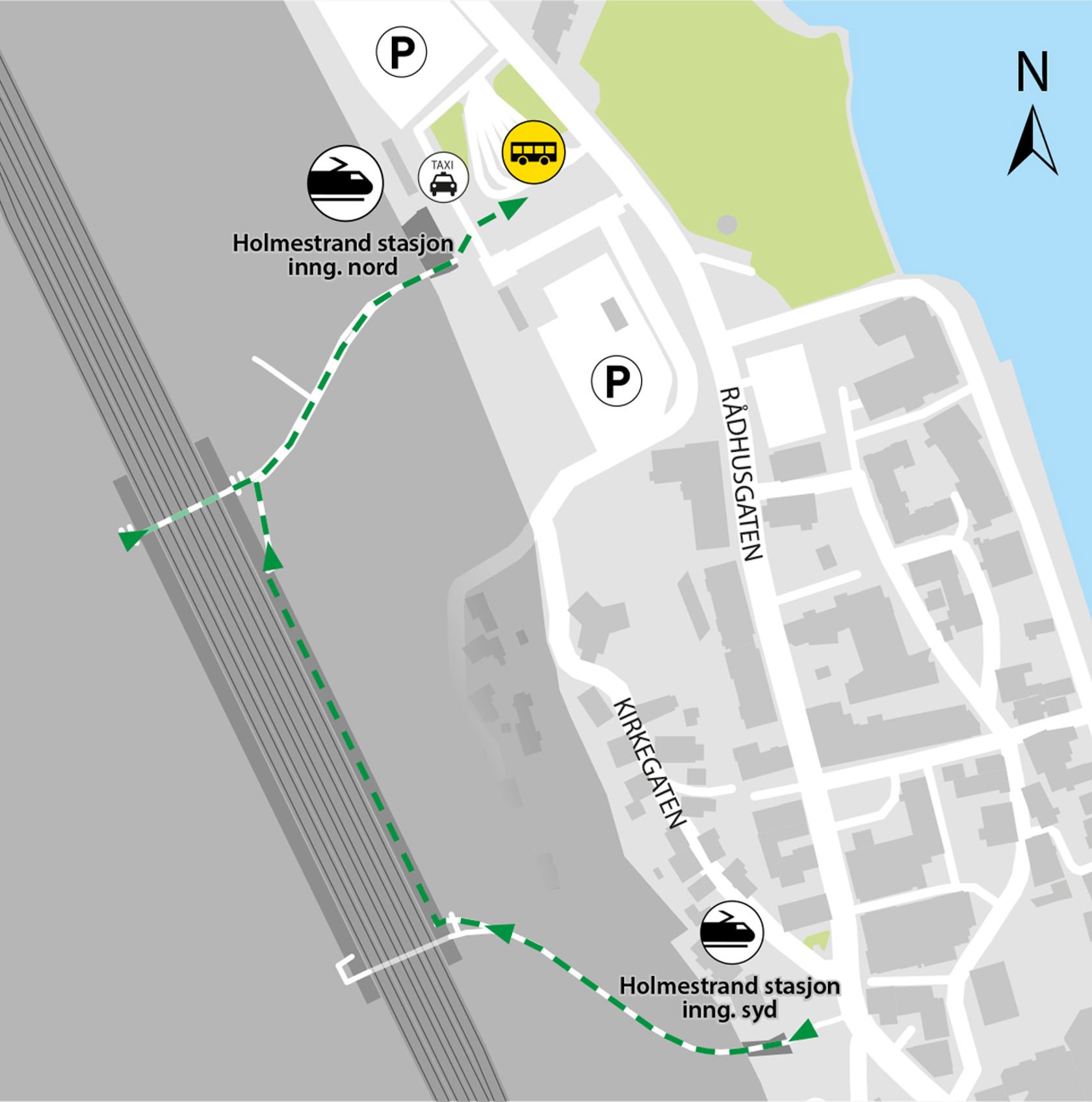 Map shows rail replacement service departs from Holmestrand station bus terminal