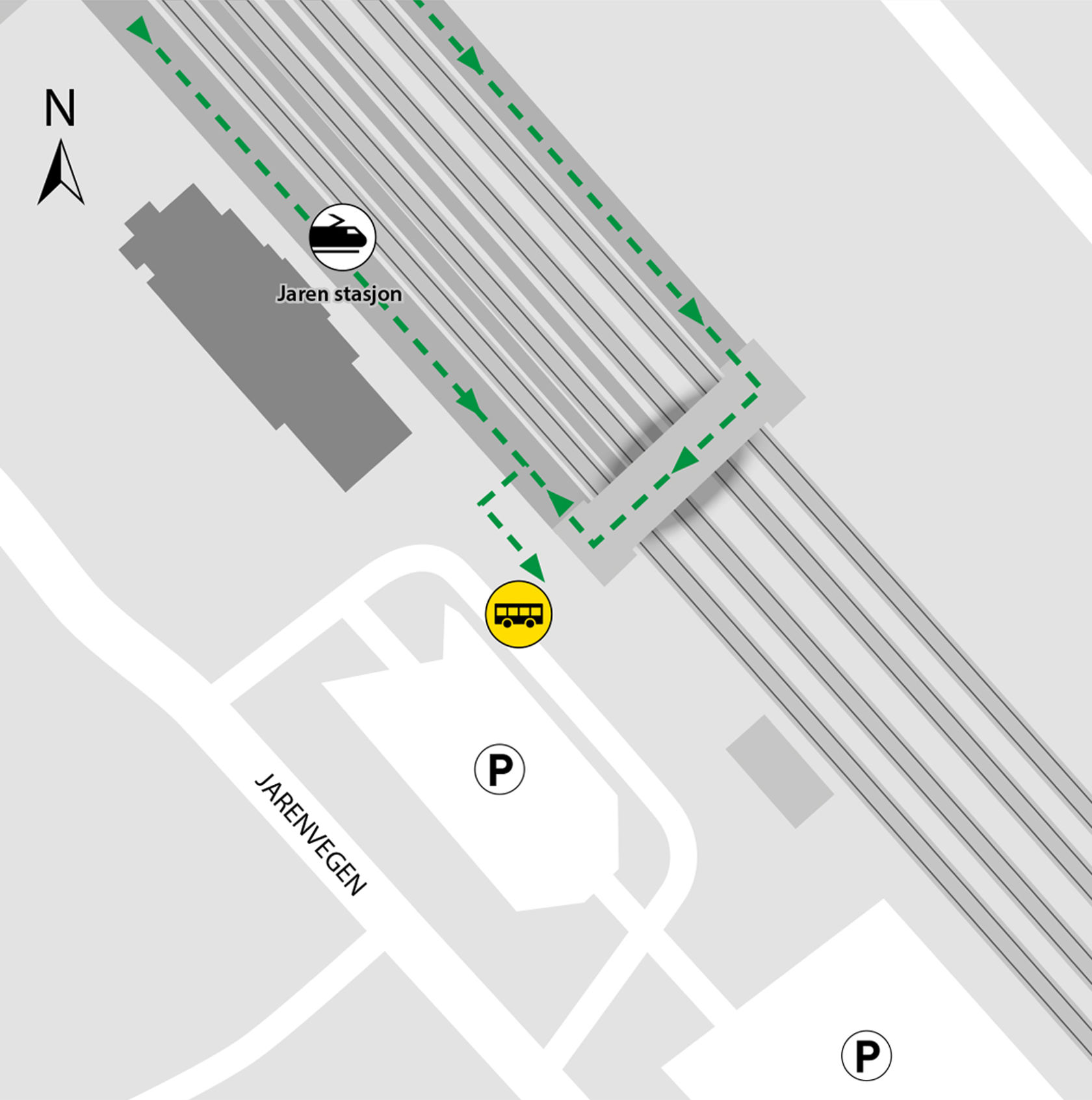 Map shows rail replacement service departs from bus stop Jaren station.