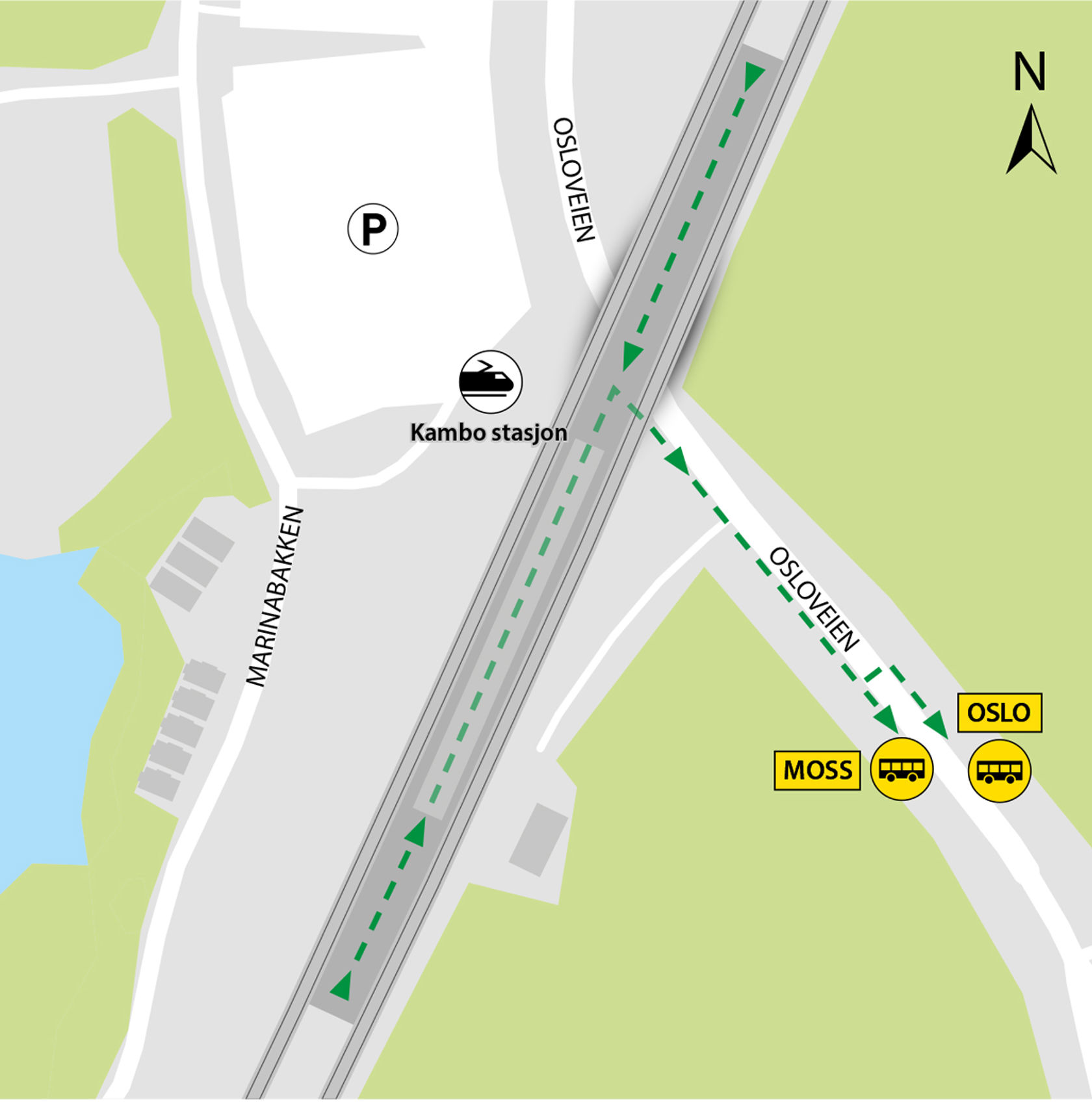 Map shows rail replacement service departs from bus stops Kambo station located in Osloveien.