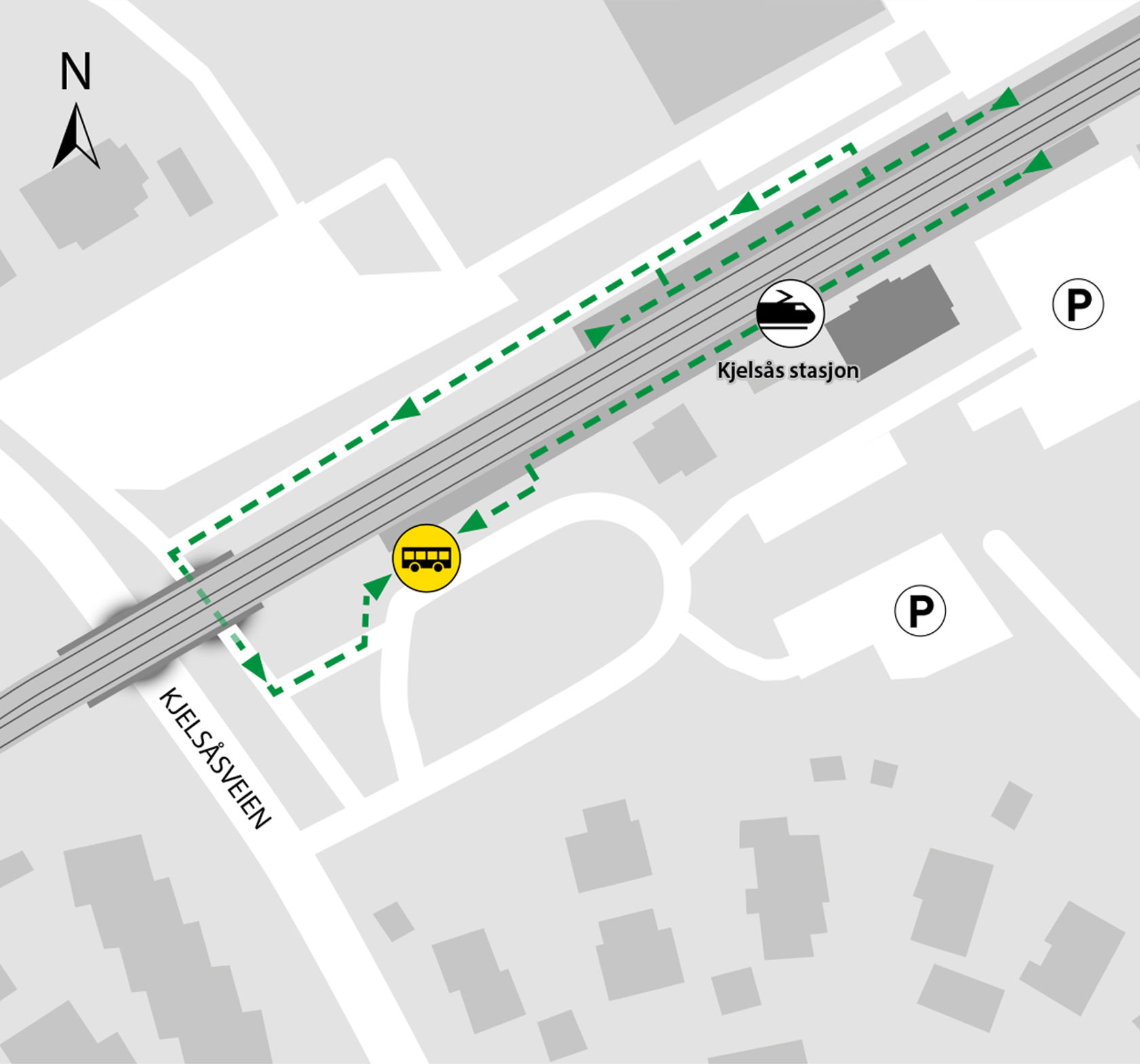 Map shows rail replacement service departs from bus stop Kjelsås station.