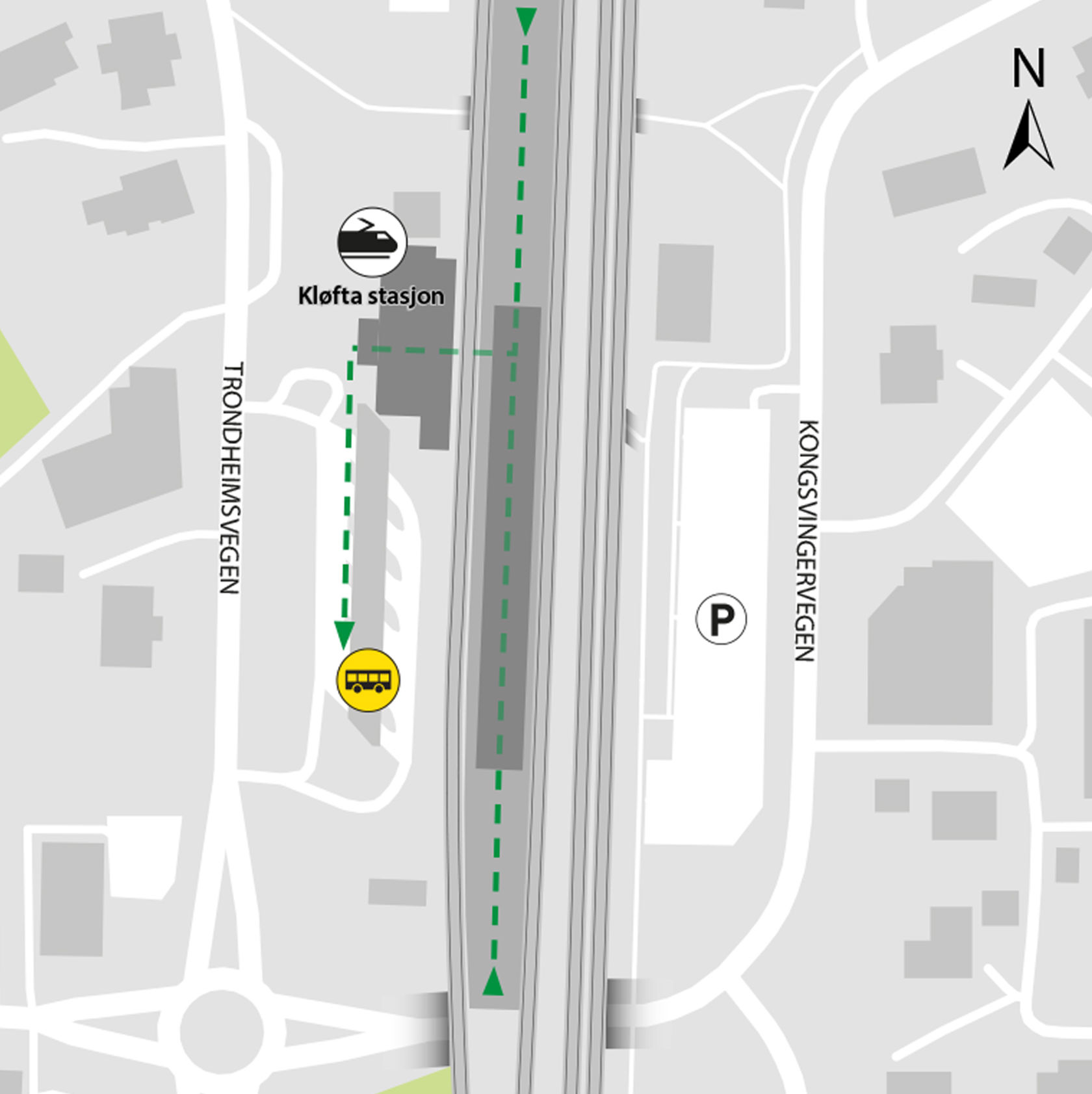 Map shows rail replacement service departs from bus stop at Kløfta stasjon, platform 5 and 6.
