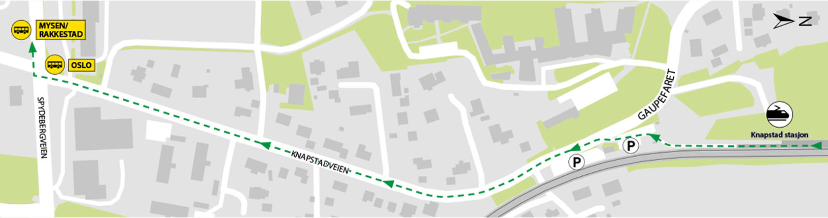 Map shows rail replacement service departs from bus stops Knapstad located in Spydebergveien. 