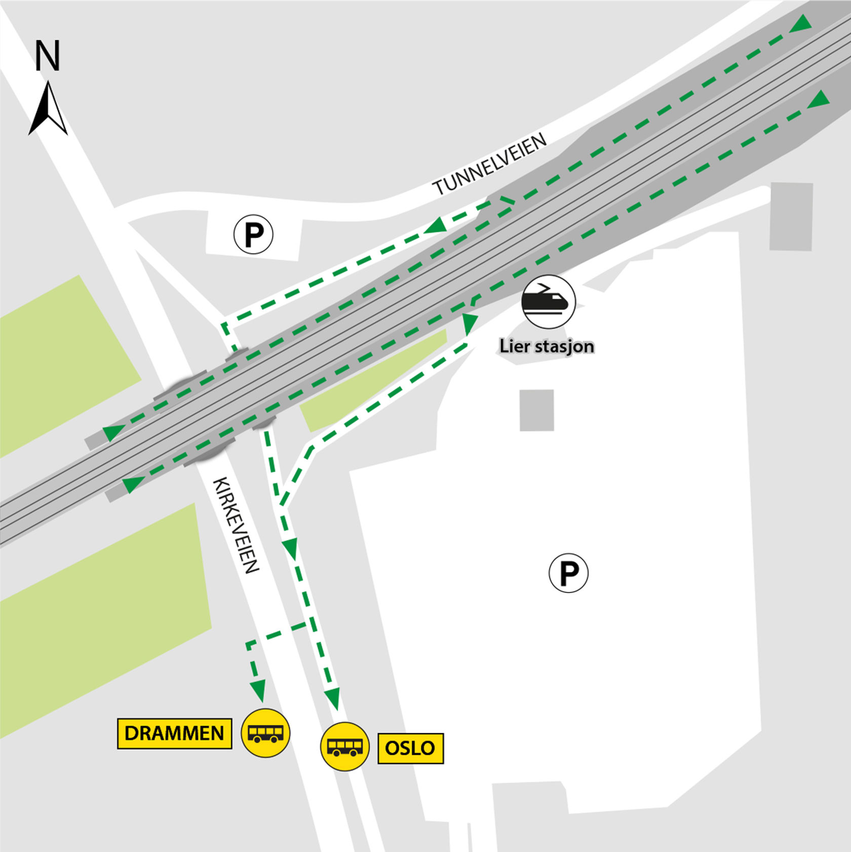Kartet viser at bussene kjører fra bussholdeplassene Lier stasjon i Kirkeveien.