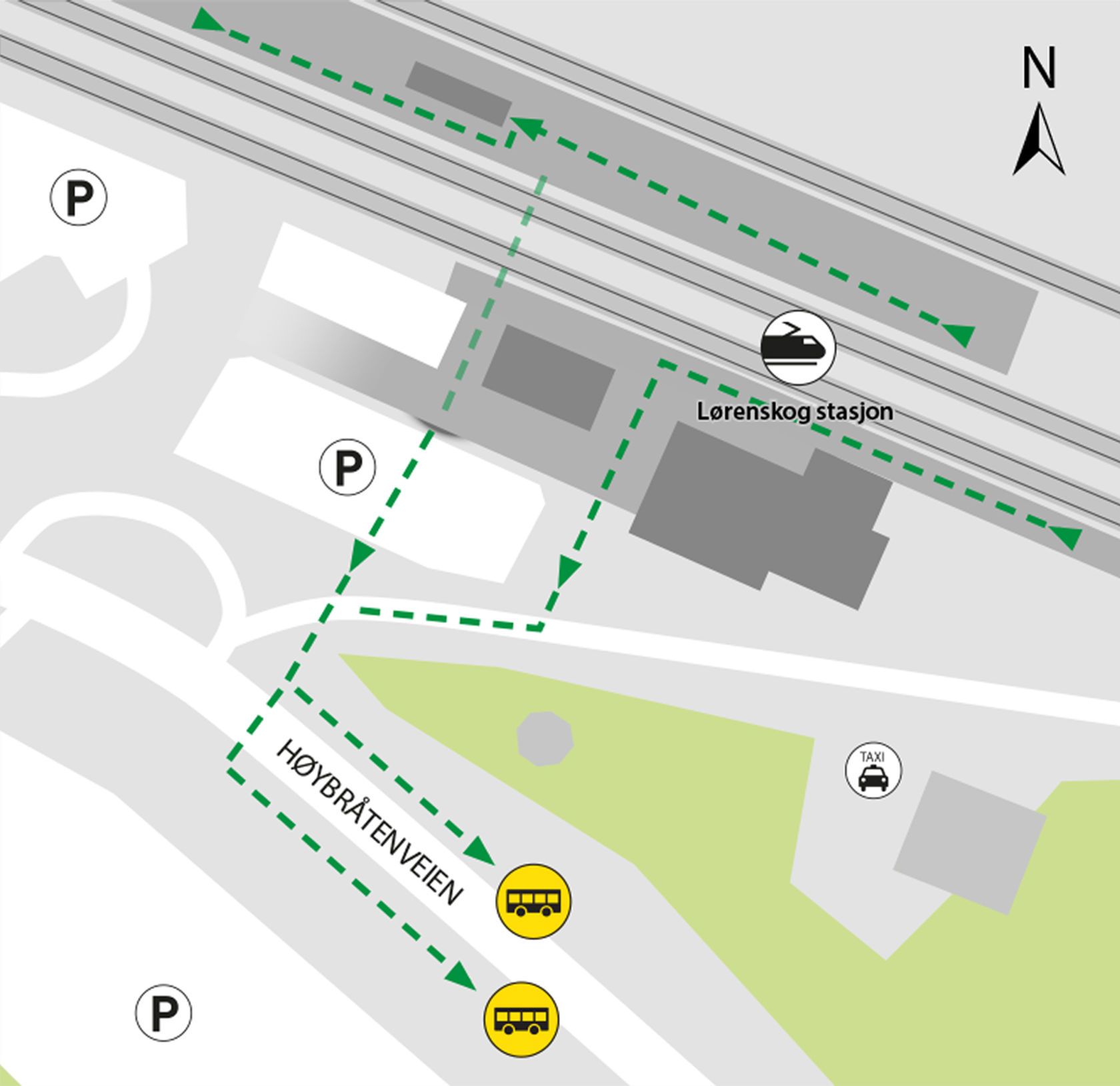 Map shows rail replacement service departs from Lørenskog station bus stops