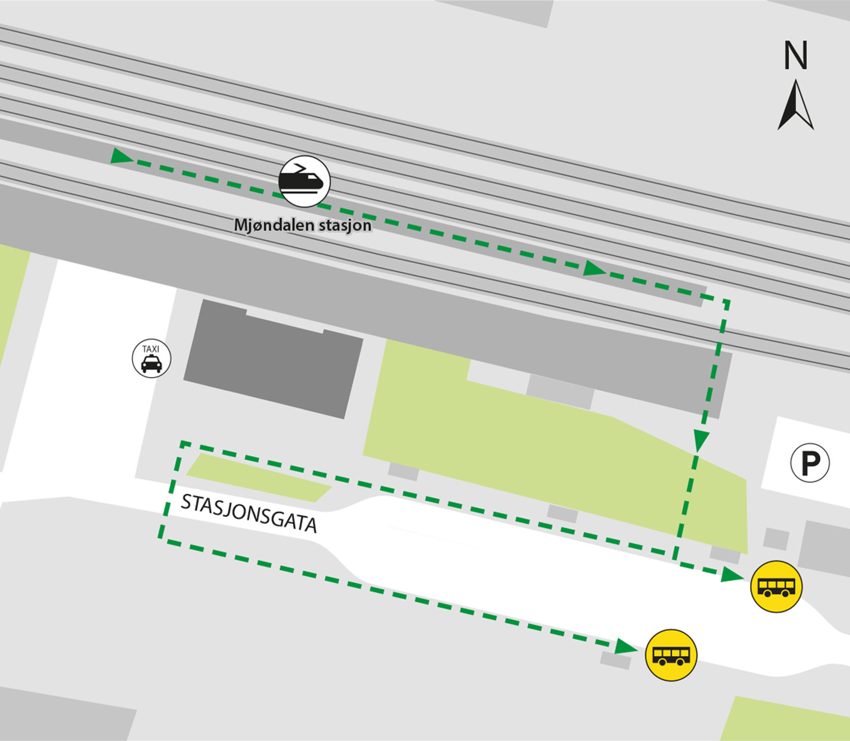 Map shows rail replacement service departs from Mjøndalen stasjon bus stops C and D