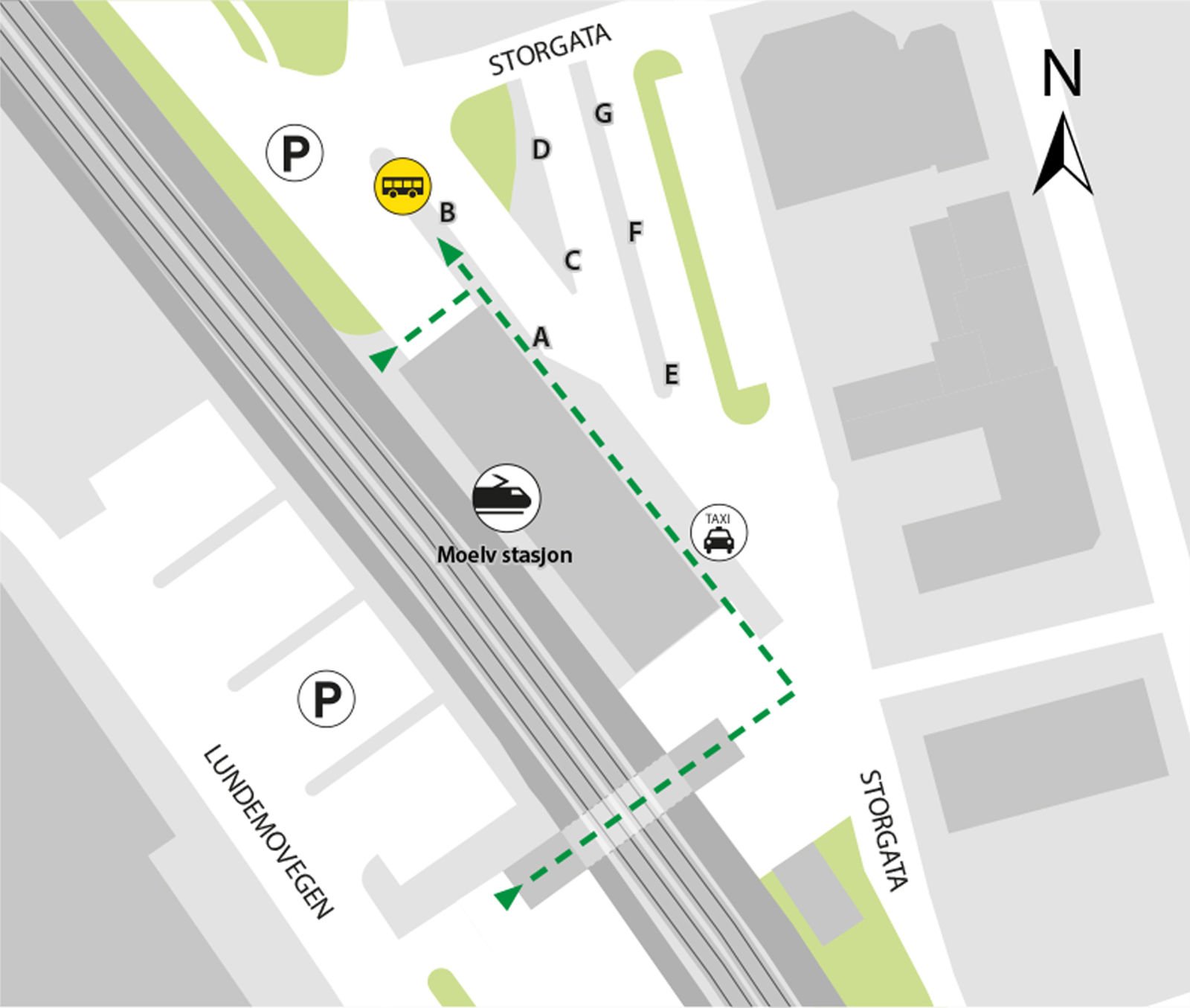 Map shows rail replacement service departs from bus stop at Moelv station, platform B.