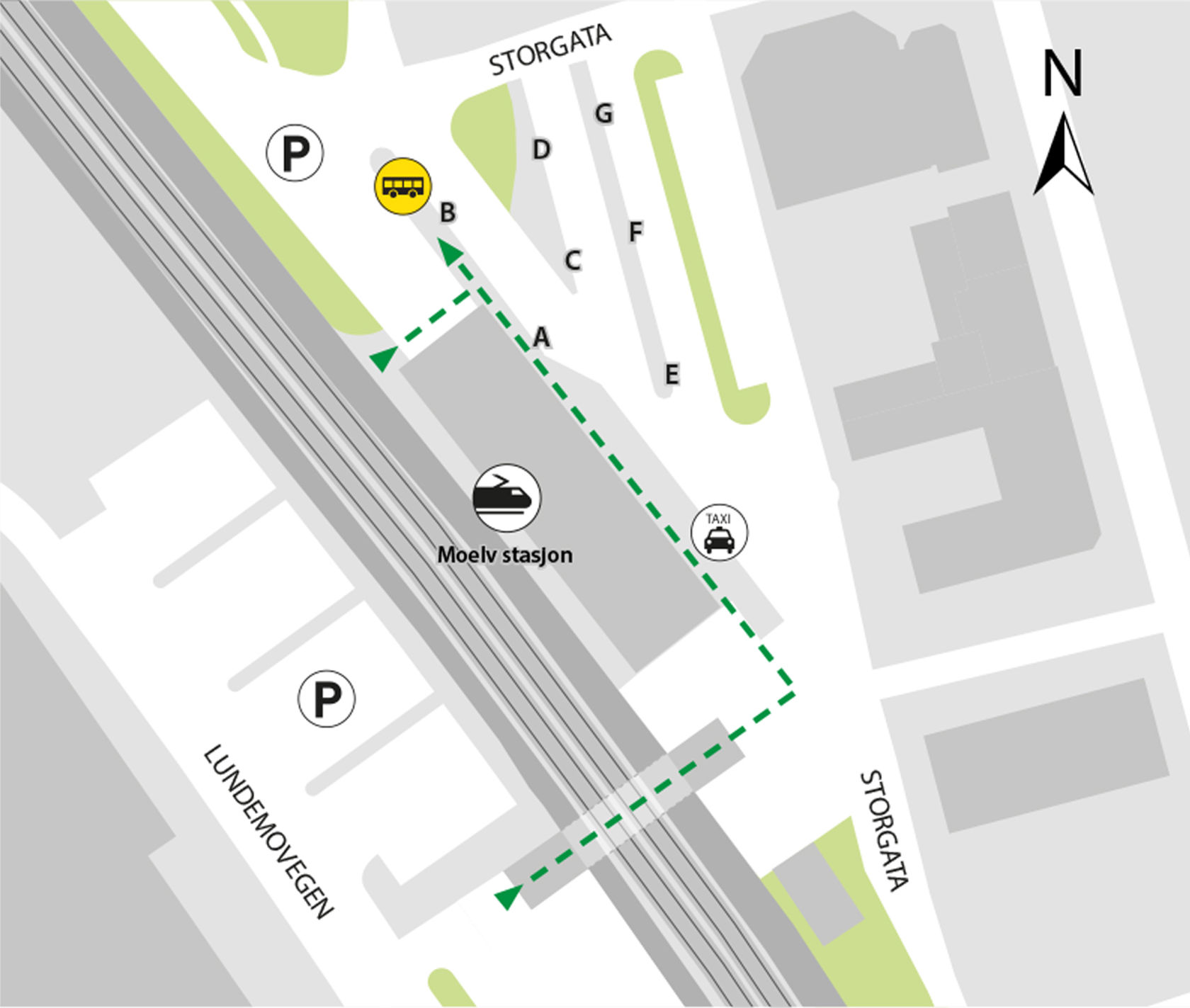 Map shows rail replacement service departs from bus stop at Moelv station, platform B.