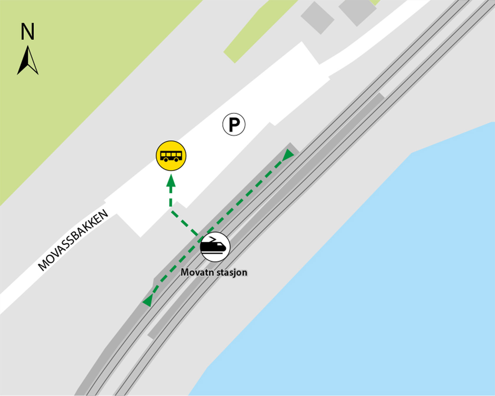 Map shows rail replacement service departs from the parking lot at Movatn station.