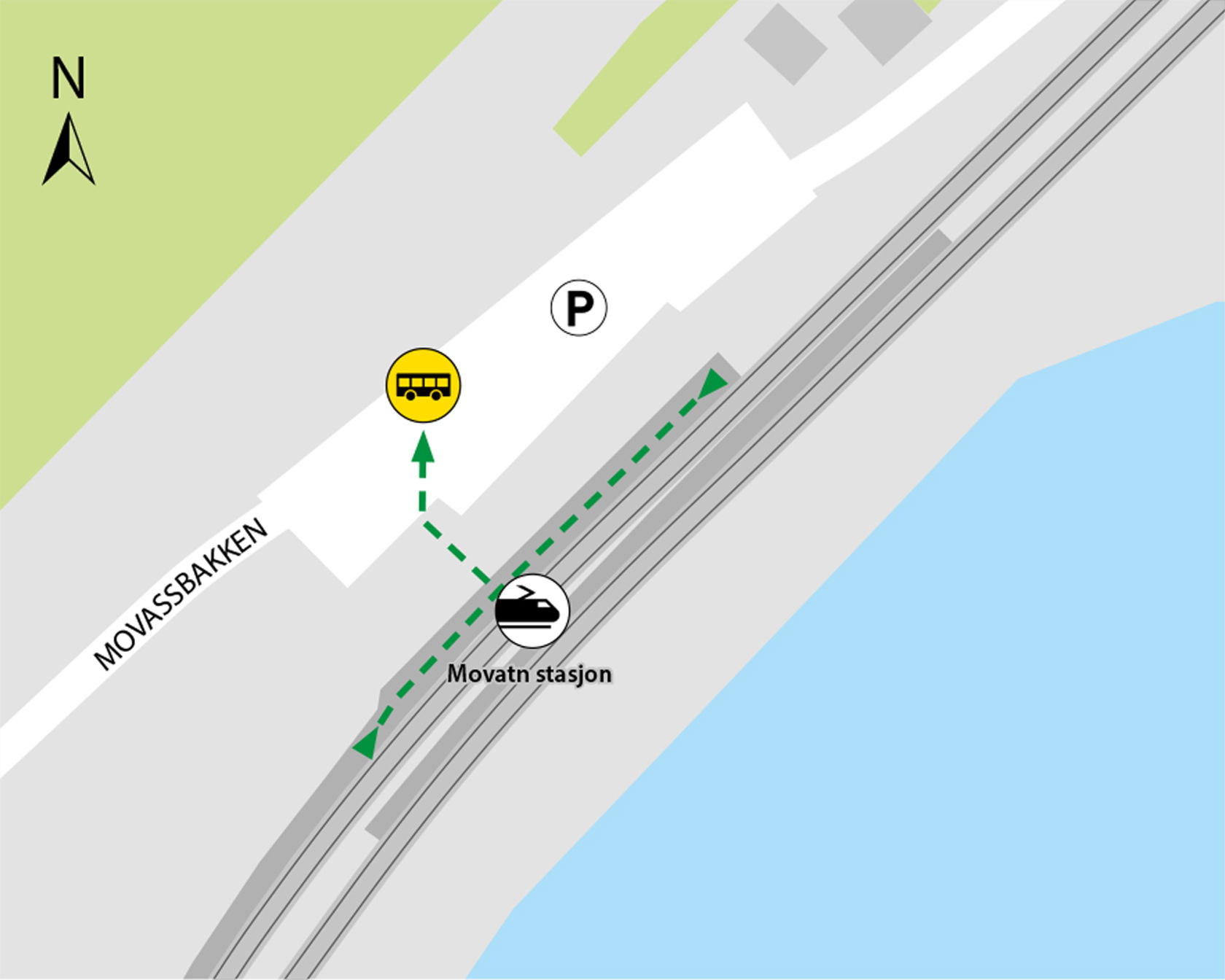 Kartet viser at minibuss kjører fra parkeringsplassen ved Movatn stasjon.