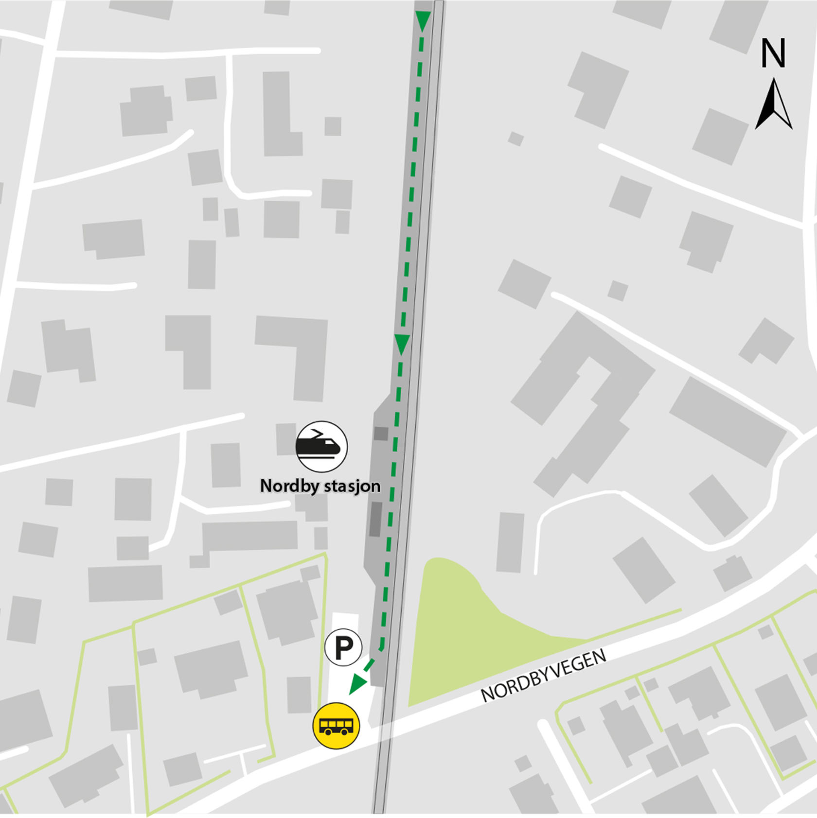 Map shows rail replacement service departs from the area by the platform in Nordbyvegen.