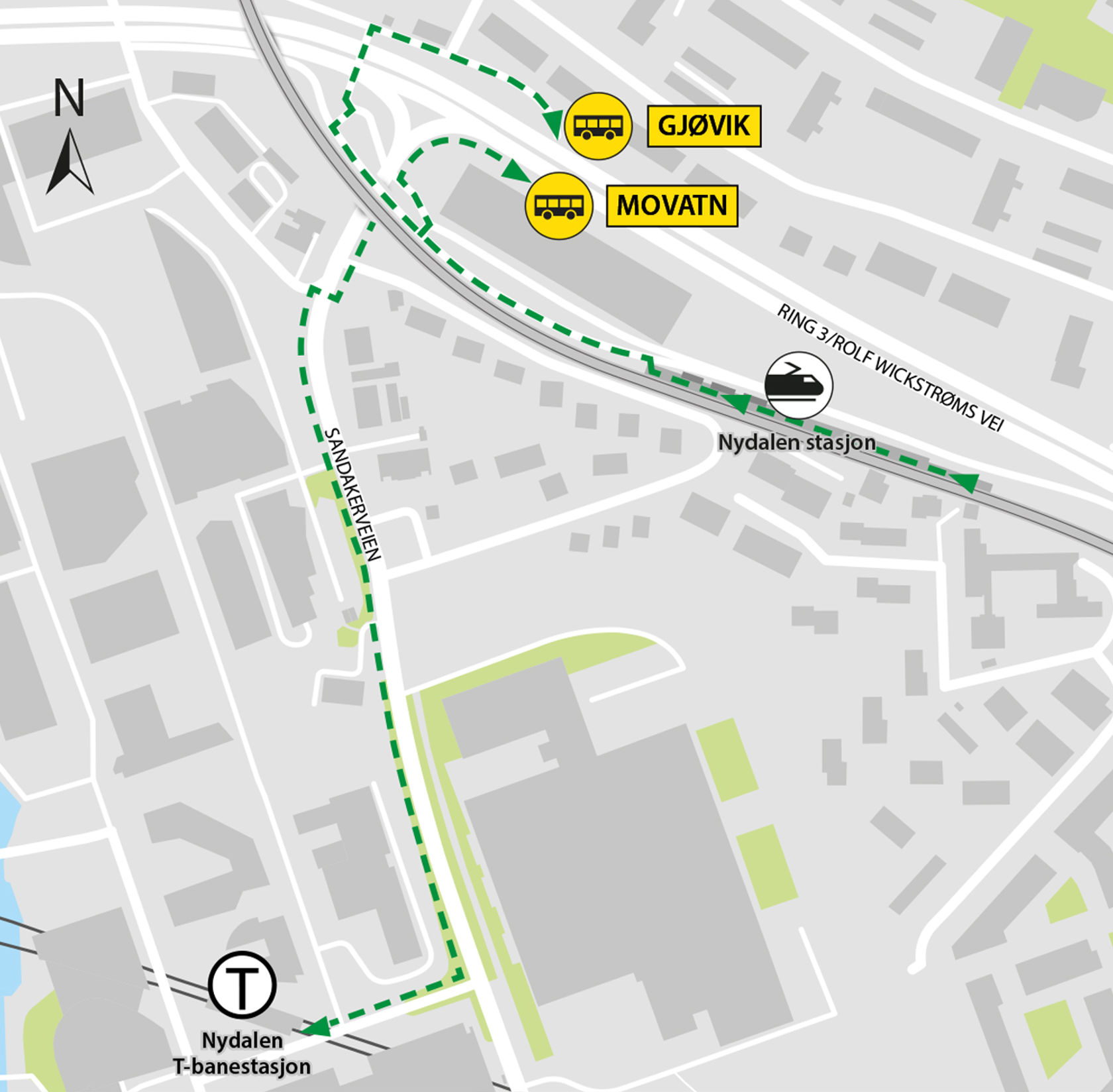 Map shows rail replacement departs from Nydalen station bus stops in Rolf Wickstrøms vei