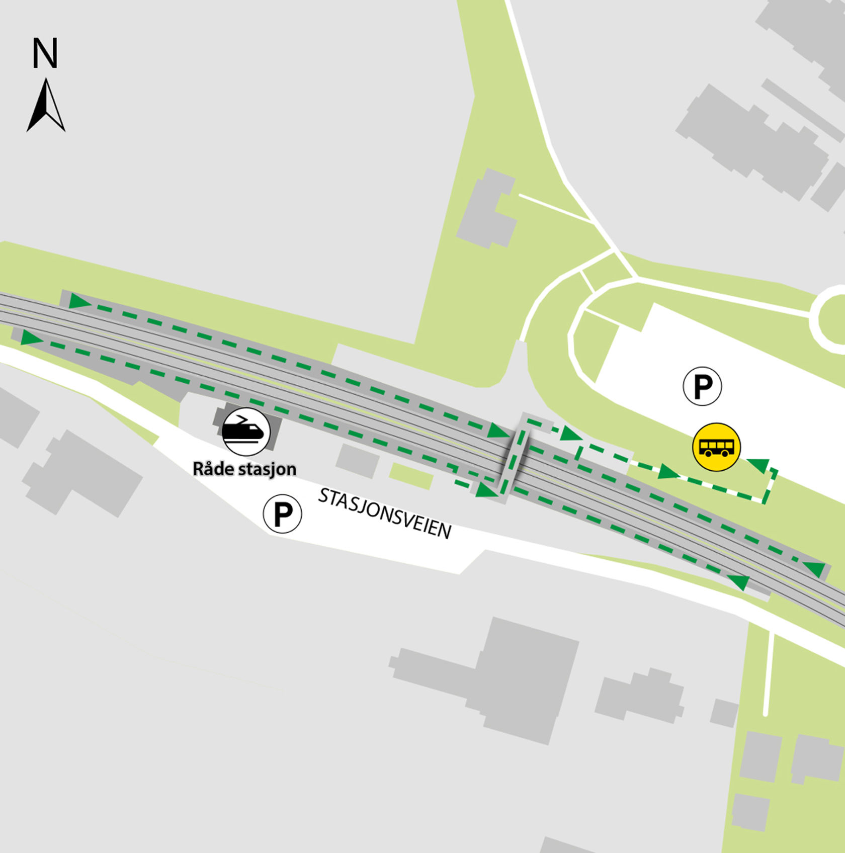 Map shows rail replacement service departs from bus stop Råde station.