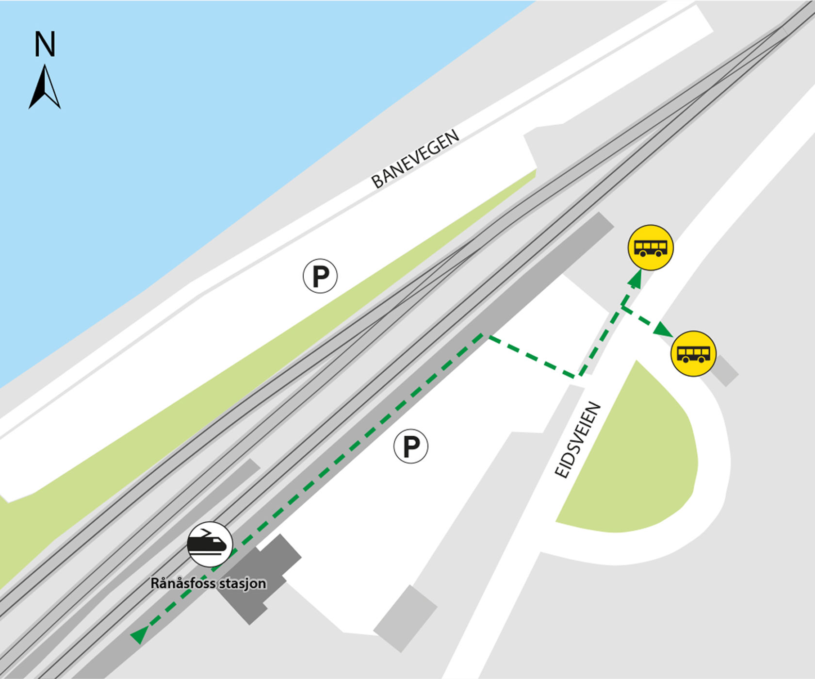 Map shows rail replacement service departs from Rånåsfoss station bus stops.