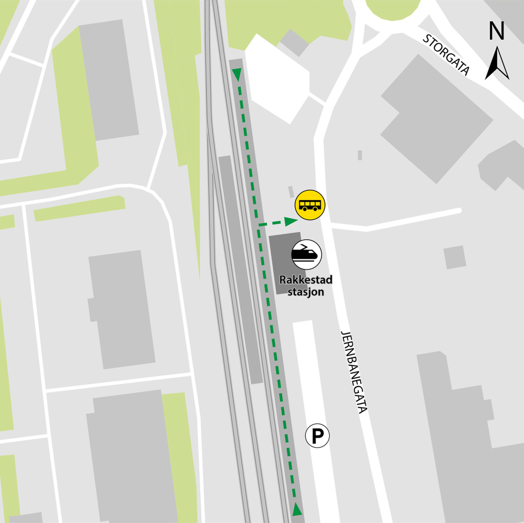 Map shows rail replacement service departs from bus stop Rakkestad station.