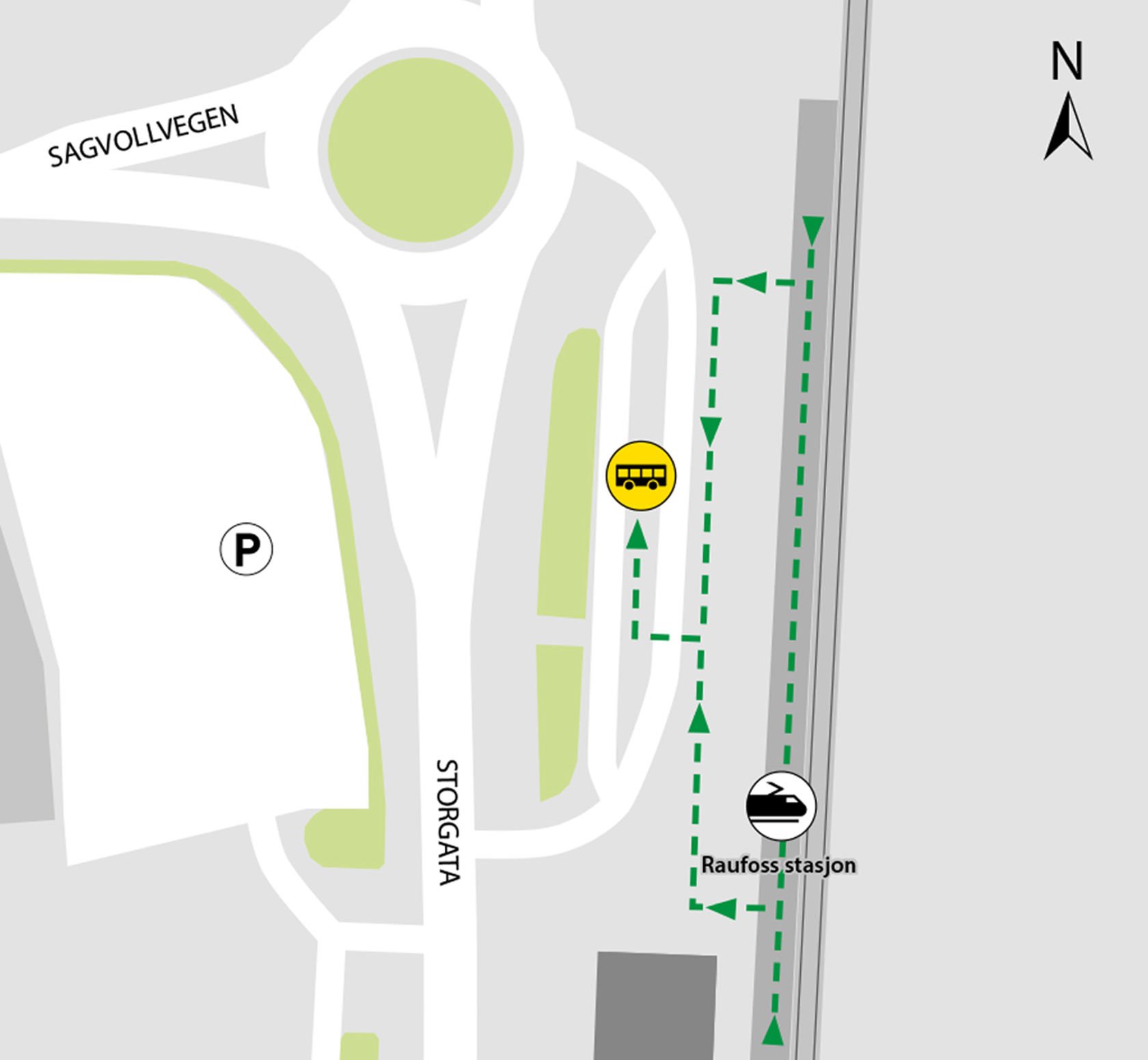 Map shows rail replacement service departs from bus stop Raufoss coach station.