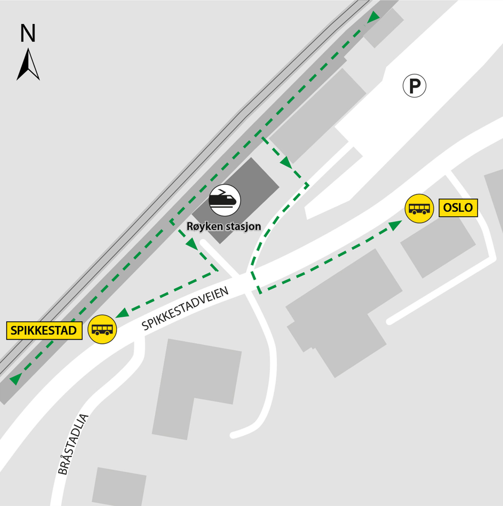 Map shows rail replacement service departs from bus stops Røyken station located in Spikkestadveien.