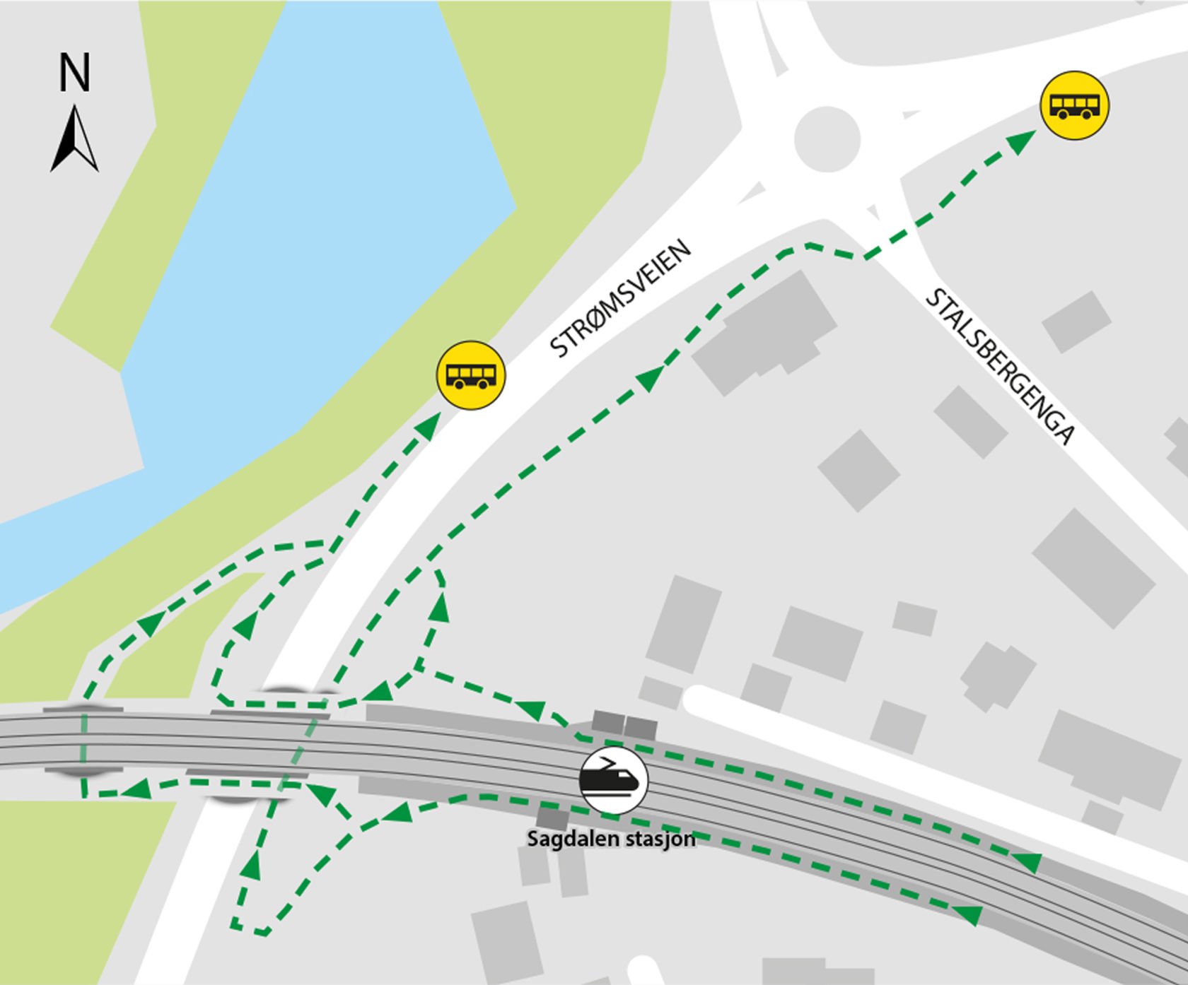 Map shows rail replacement service departs from Sagdalen bus stops located in Strømsveien. 