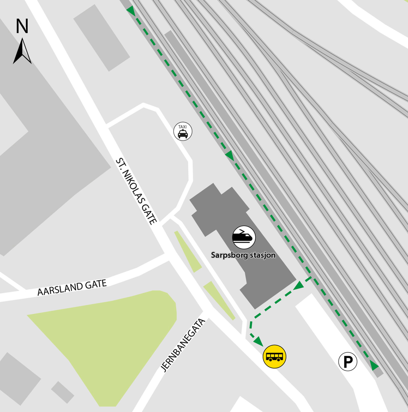 Map shows rail replacement service departs from bus stop Sarpsborg station.