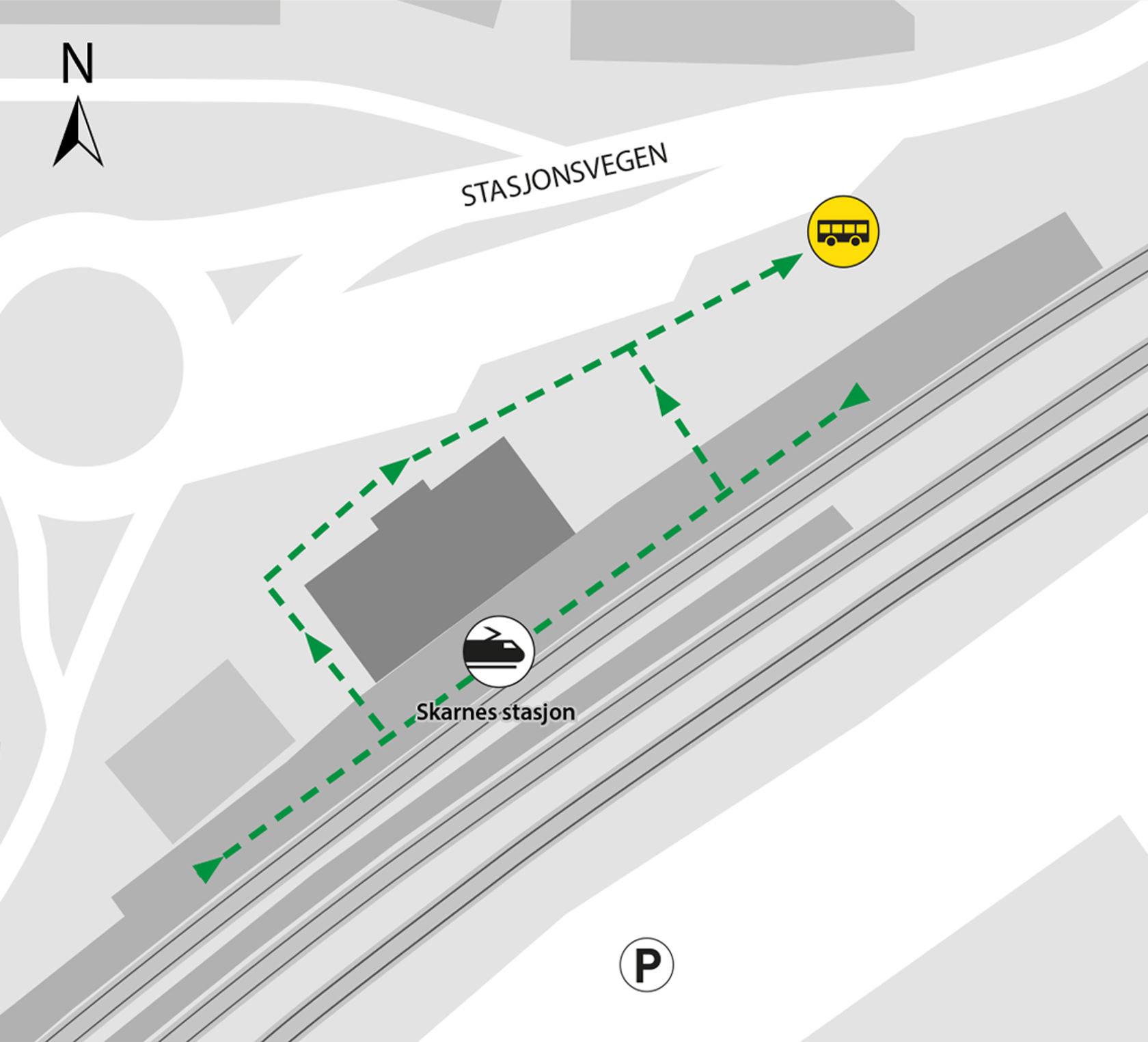 Map shows rail replacement service departs from bus stop Skarnes station.