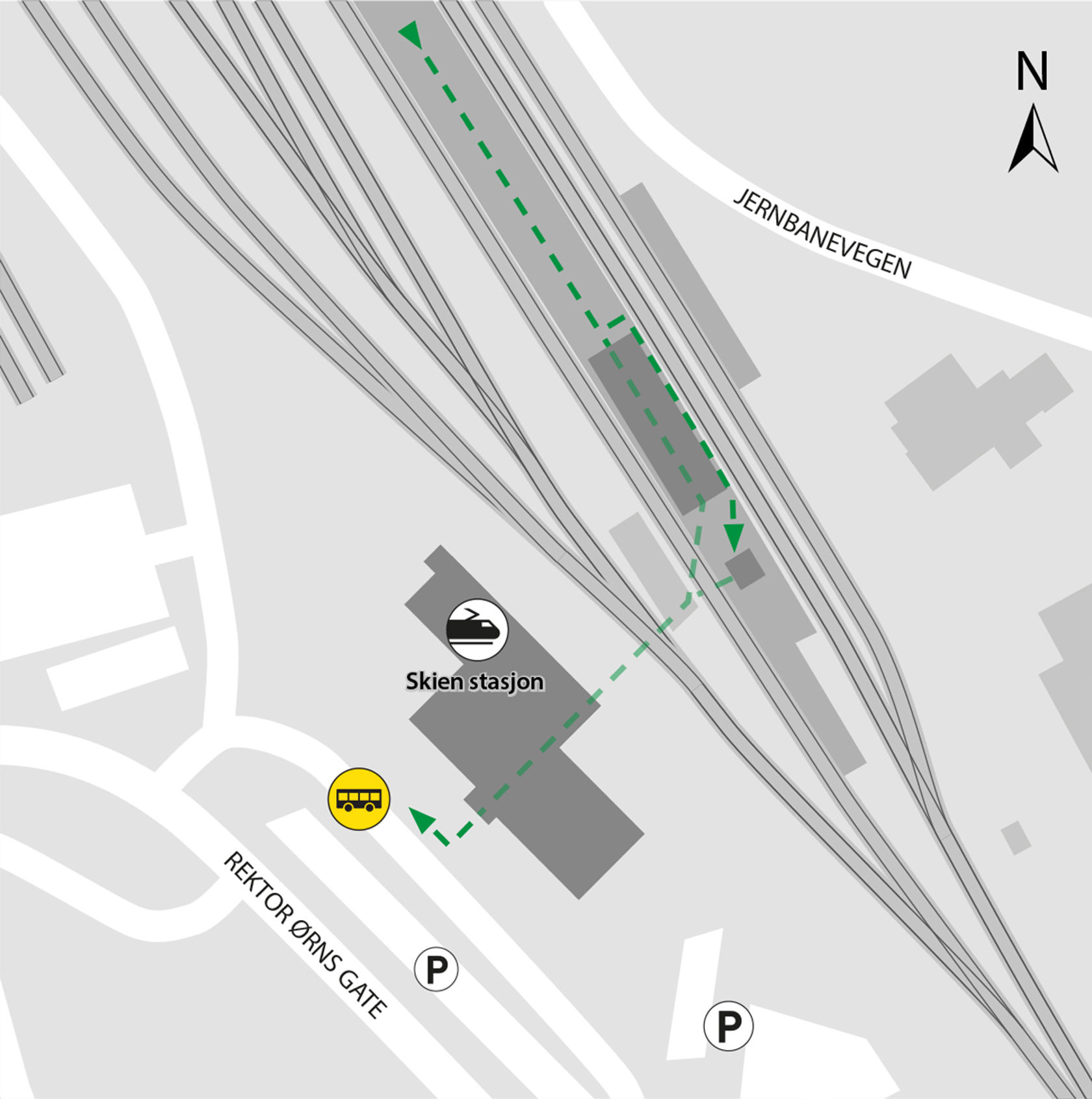 Map shows rail replacement service departs from bus stop Skien station. 