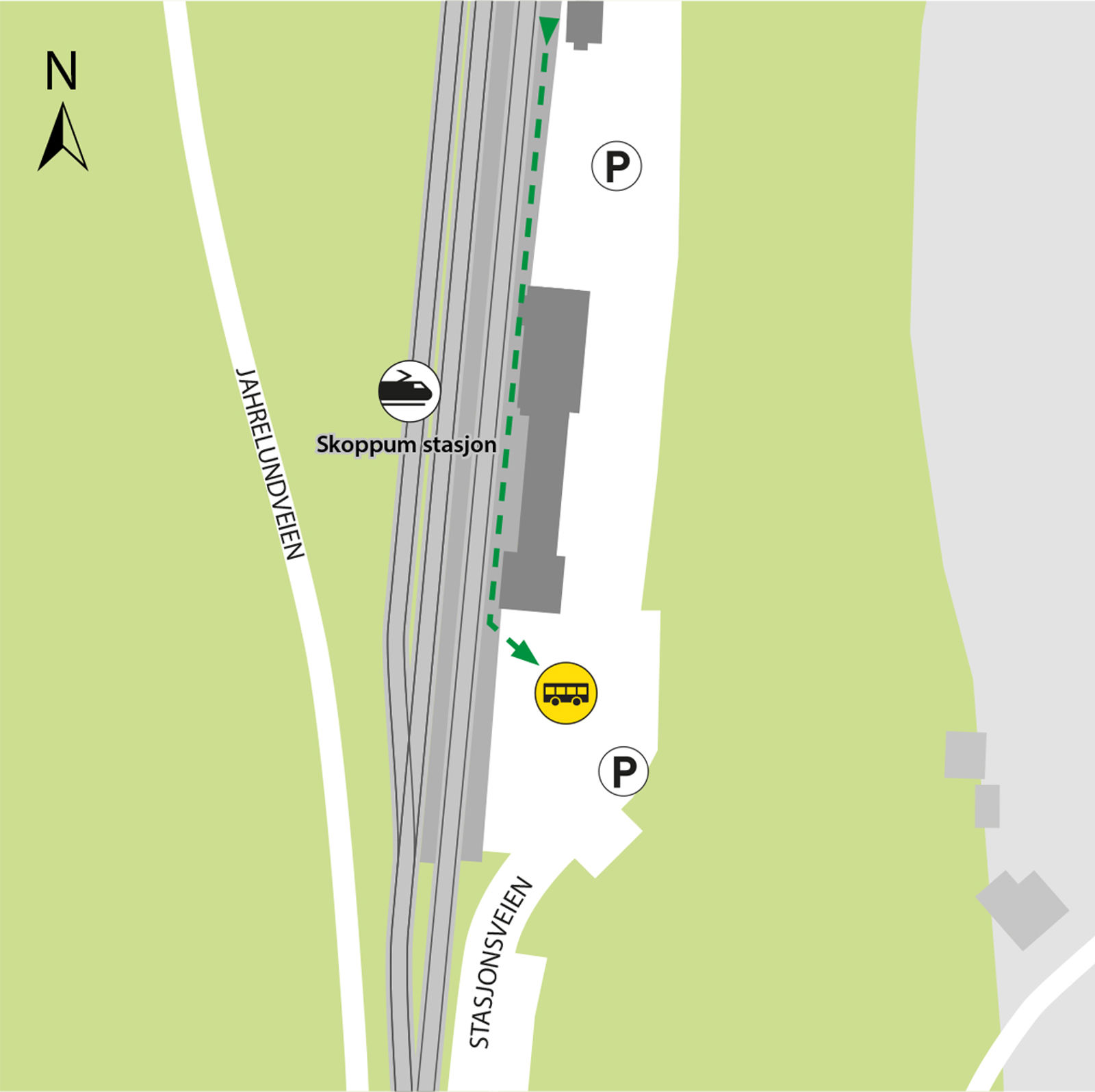 Map shows rail replacement service departs from bus stop Skoppum station. 