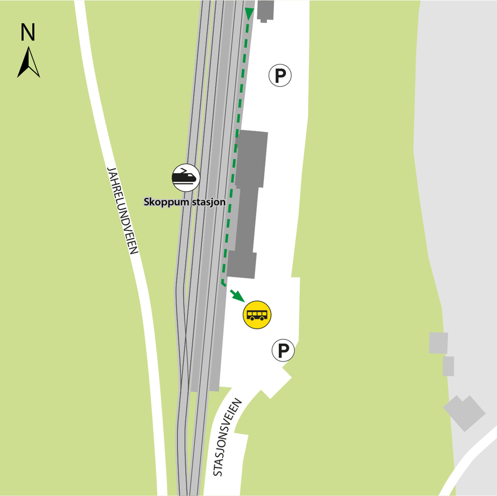 Map shows rail replacement service departs from bus stop Skoppum station. 