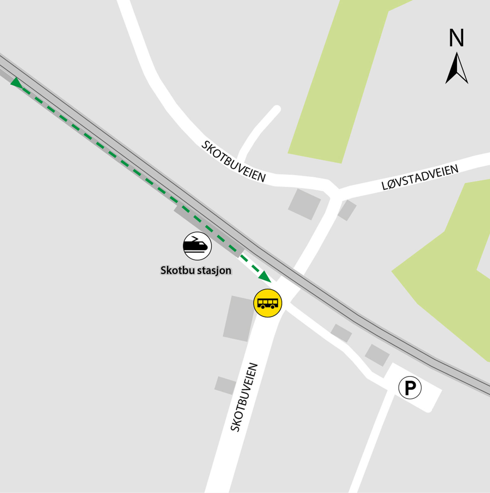 Kartet viser at bussene kjører fra Skotbuveien ved stasjonen. 