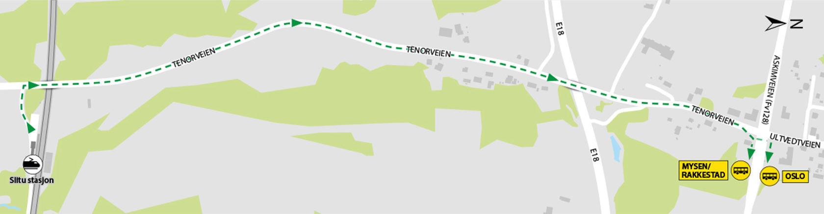Map shows rail replacement service departs from bus stops Slitu located in Askimveien (Fv128).