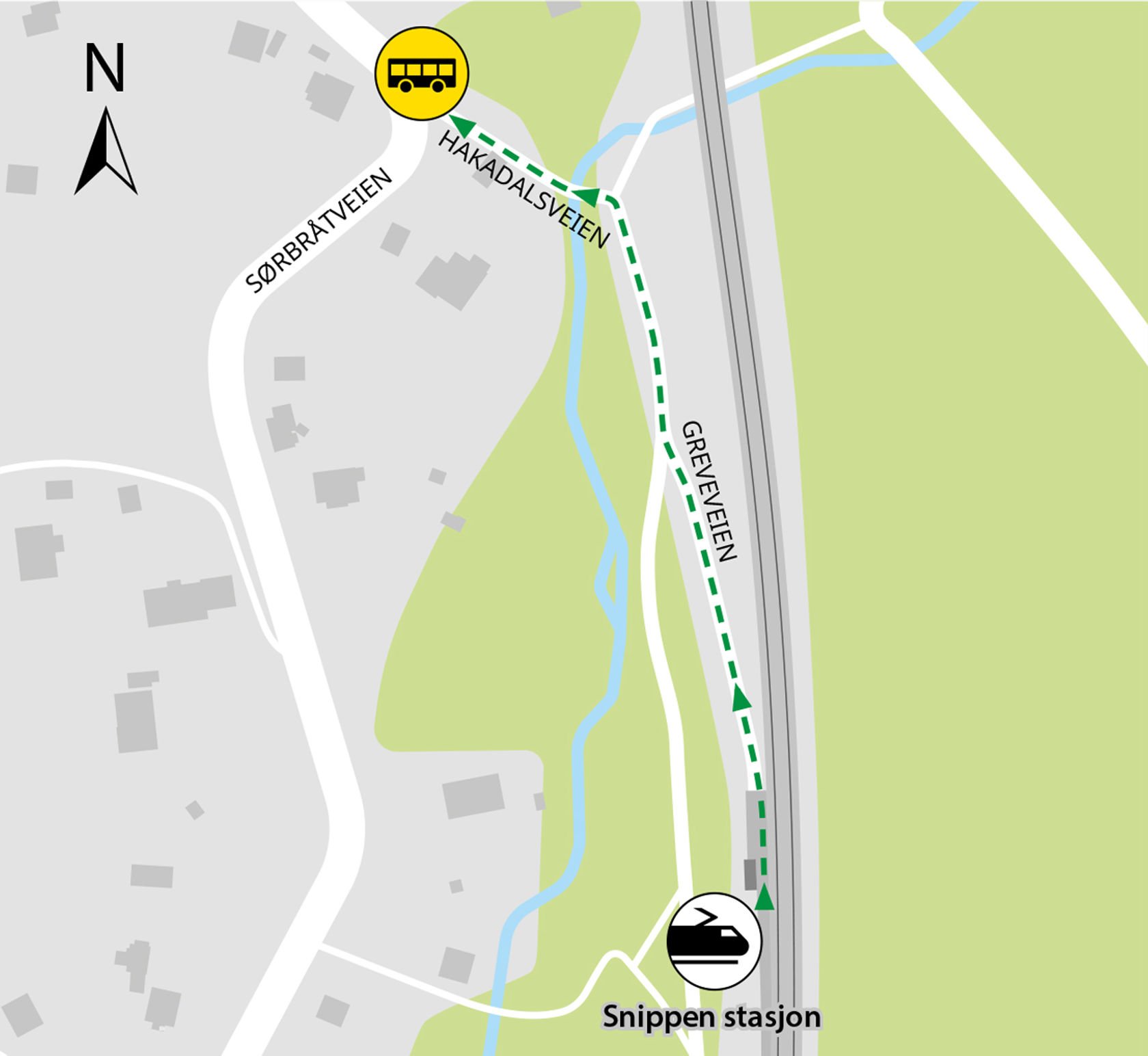 Map shows rail replacement service departs from the crossroad Sørbråtveien / Hakadalsveien.